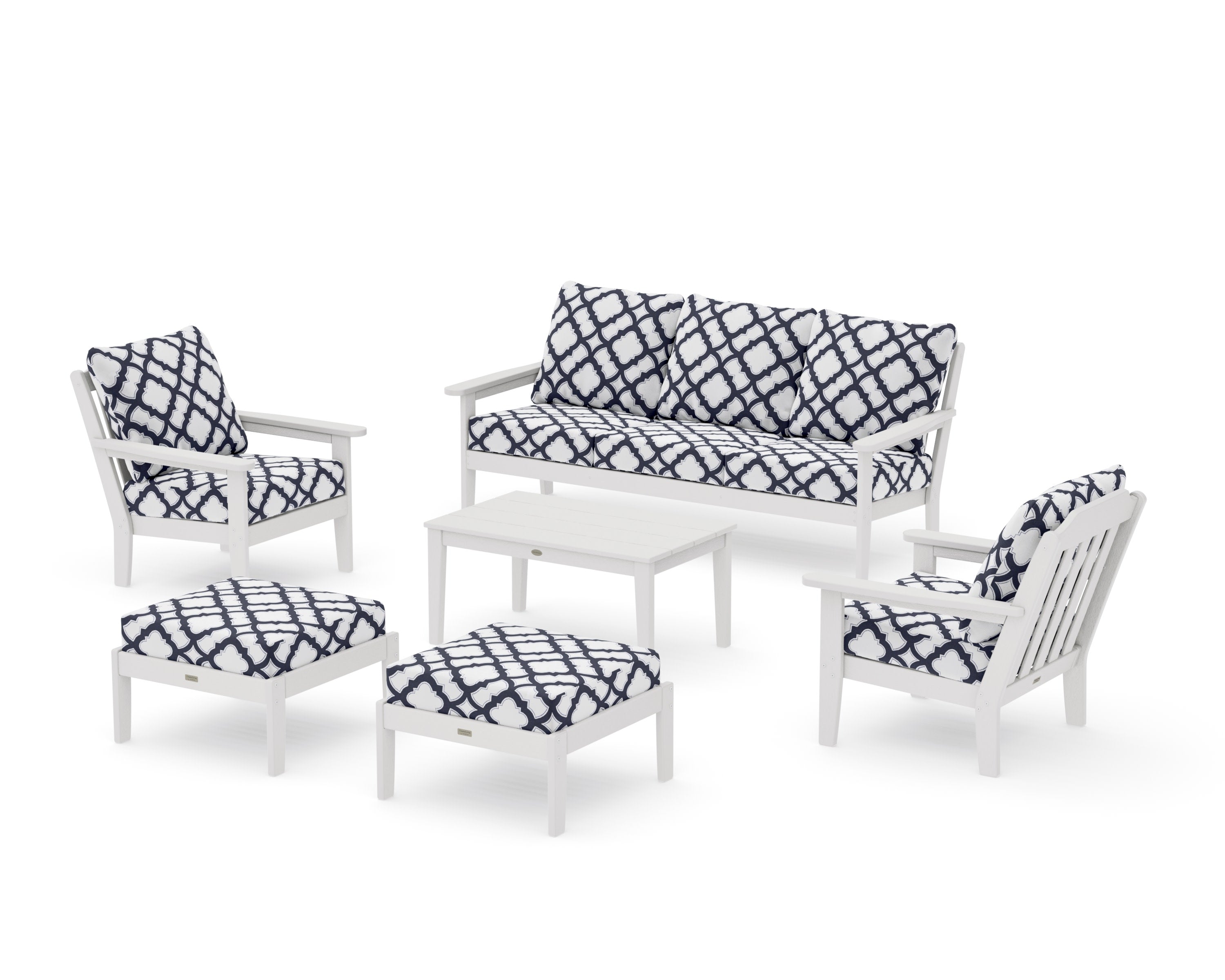 Cottage 6-Piece Lounge Sofa Set in Vintage White / Trellis Navy