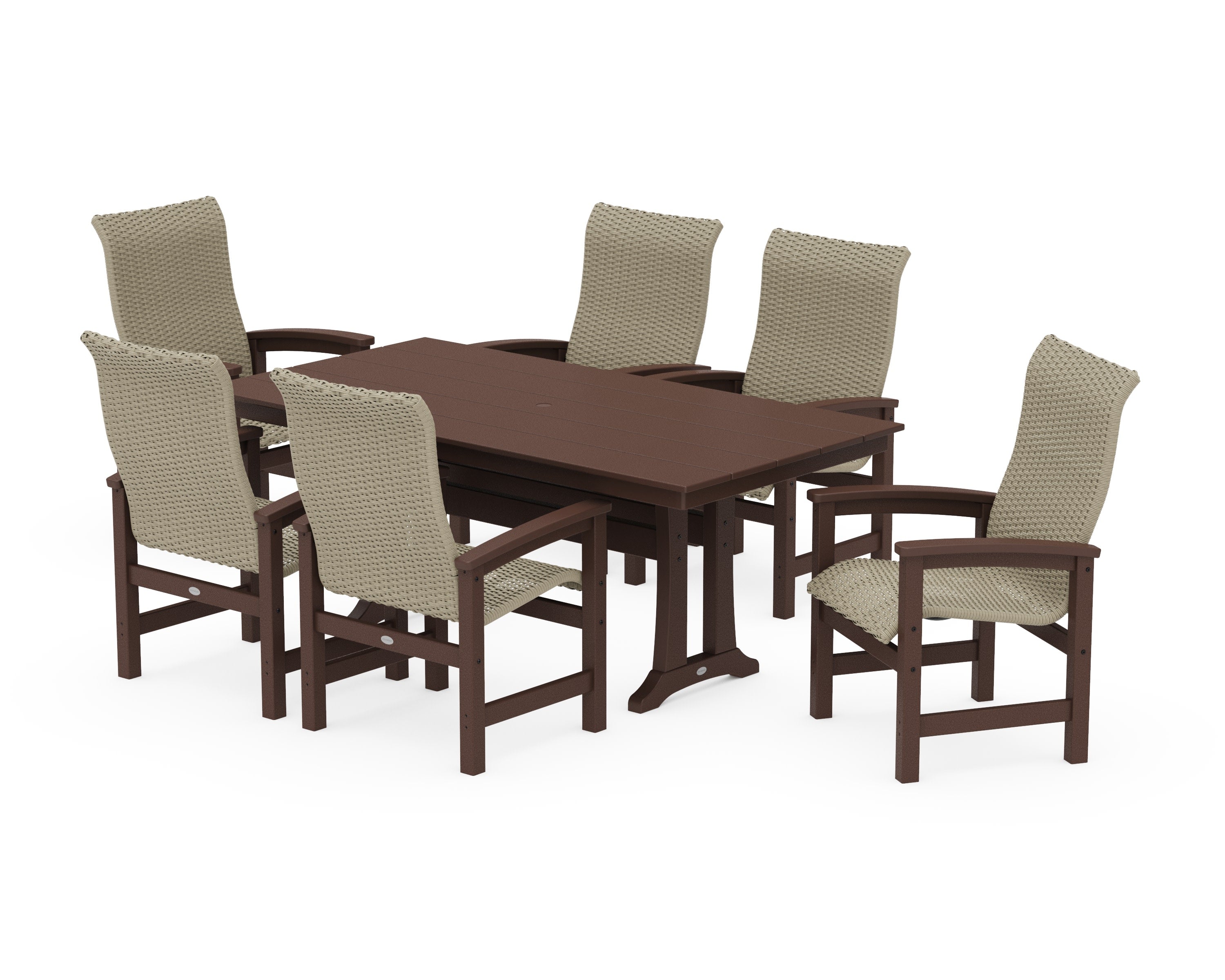 Coastal Woven High-Back Arm Chair 7-Piece Farmhouse Dining Set with Trestle Legs in Mahogany / Dune Grass