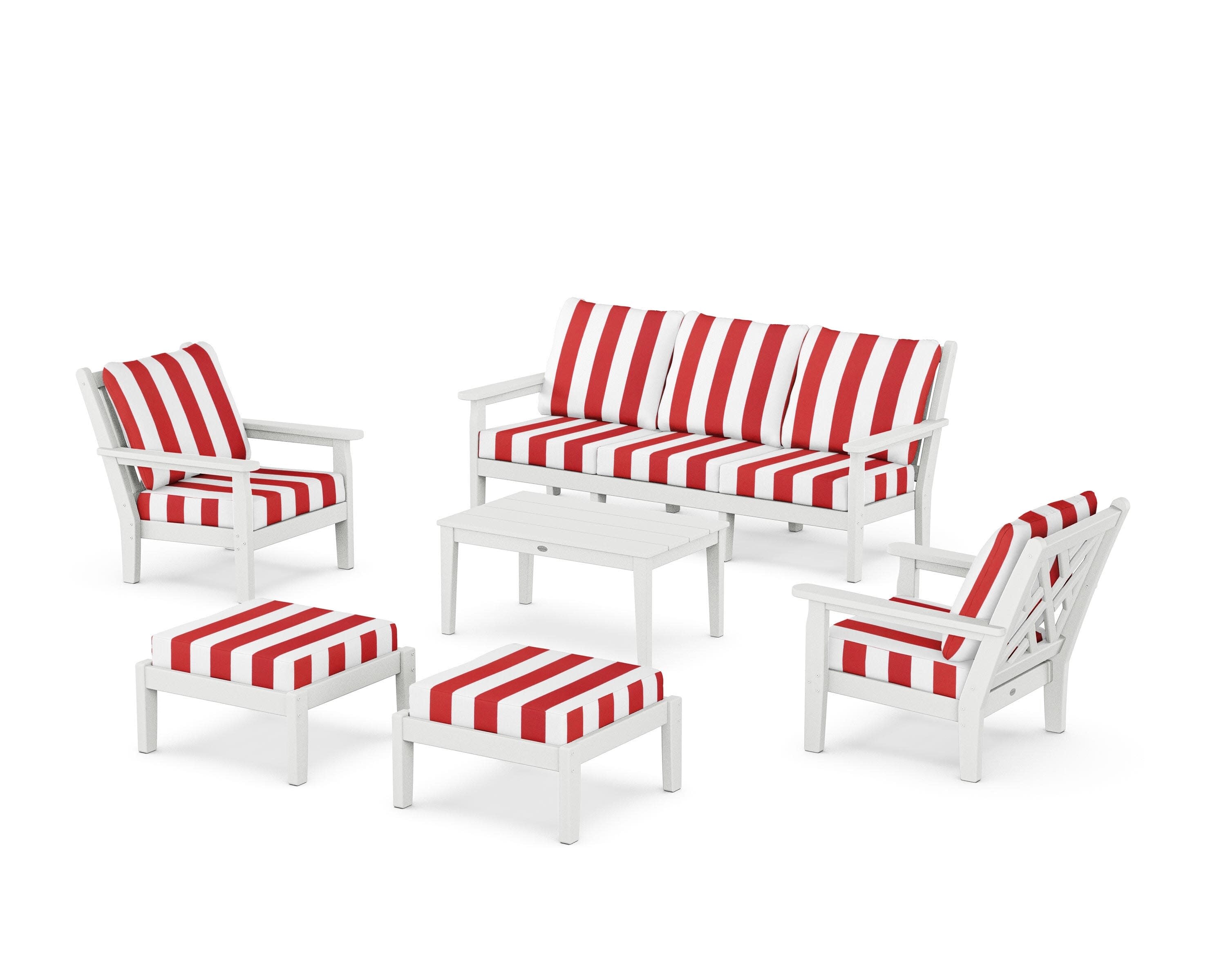 Chippendale 6-Piece Lounge Sofa Set in White / Cabana Stripe Crimson