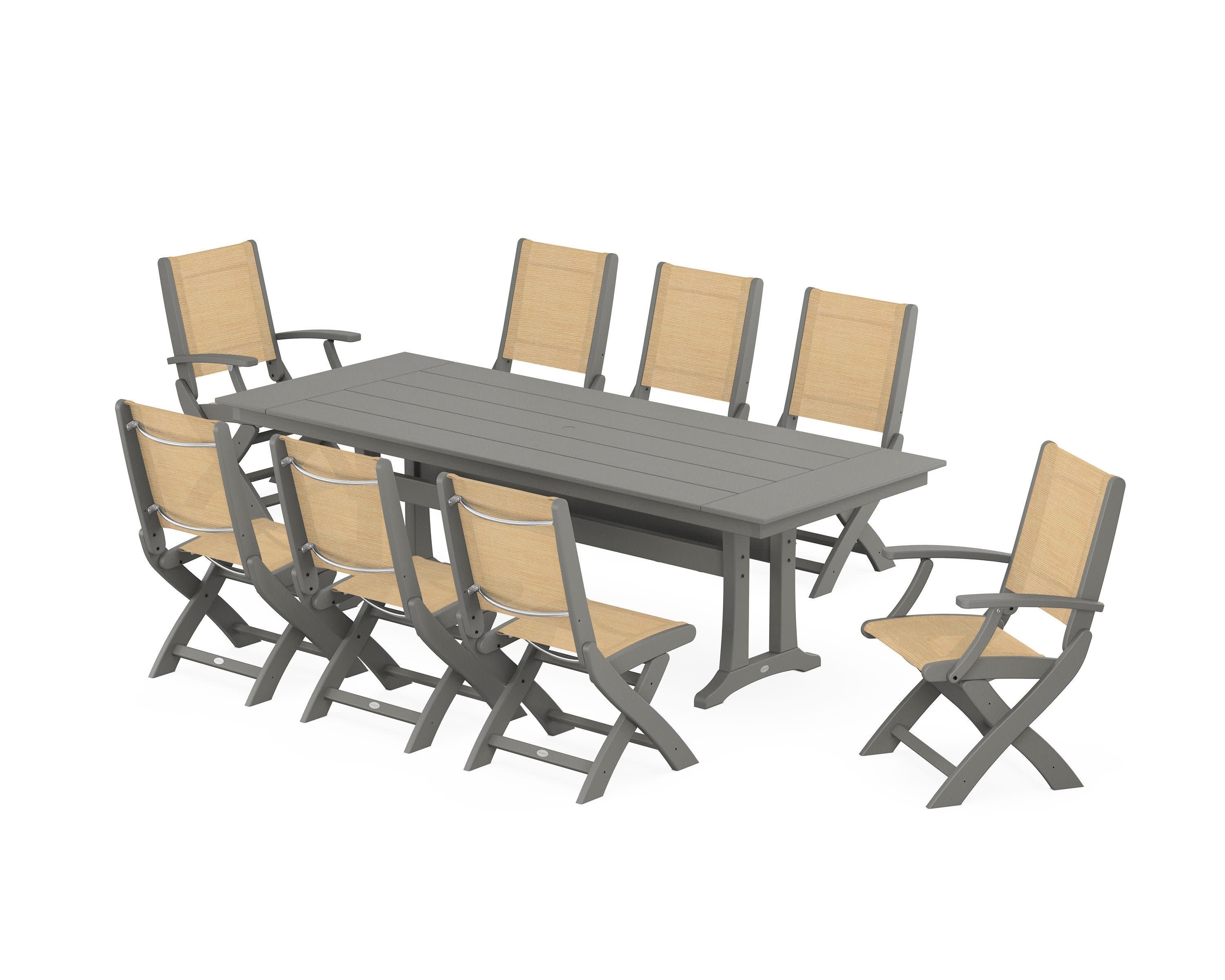 Coastal 9-Piece Folding Dining Chair Farmhouse Dining Set with Trestle Legs in Slate Grey / Dupioni Apricot Sling