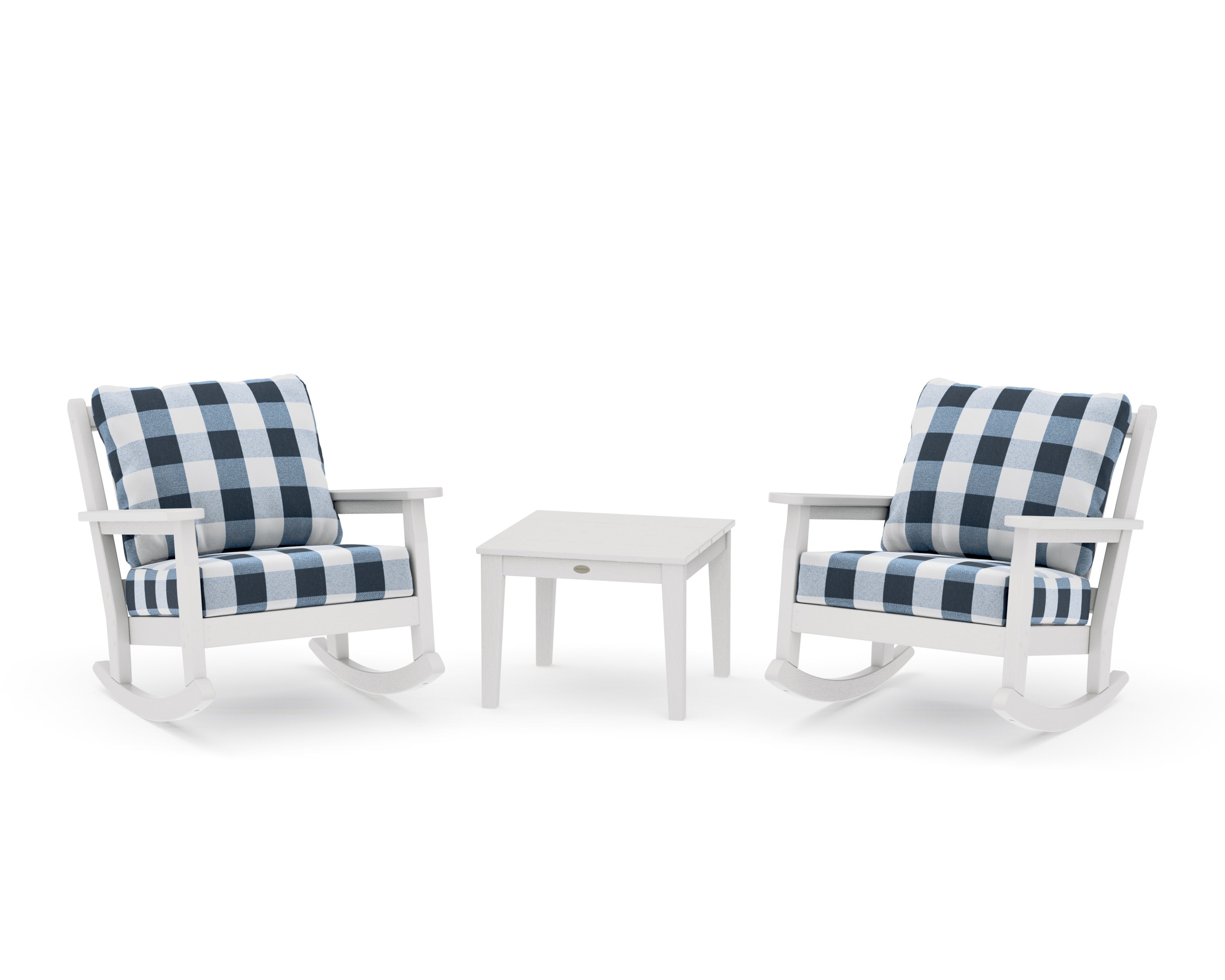 Chippendale 3-Piece Deep Seating Rocker Set in Vintage White / Buffalo Plaid Marine Indigo