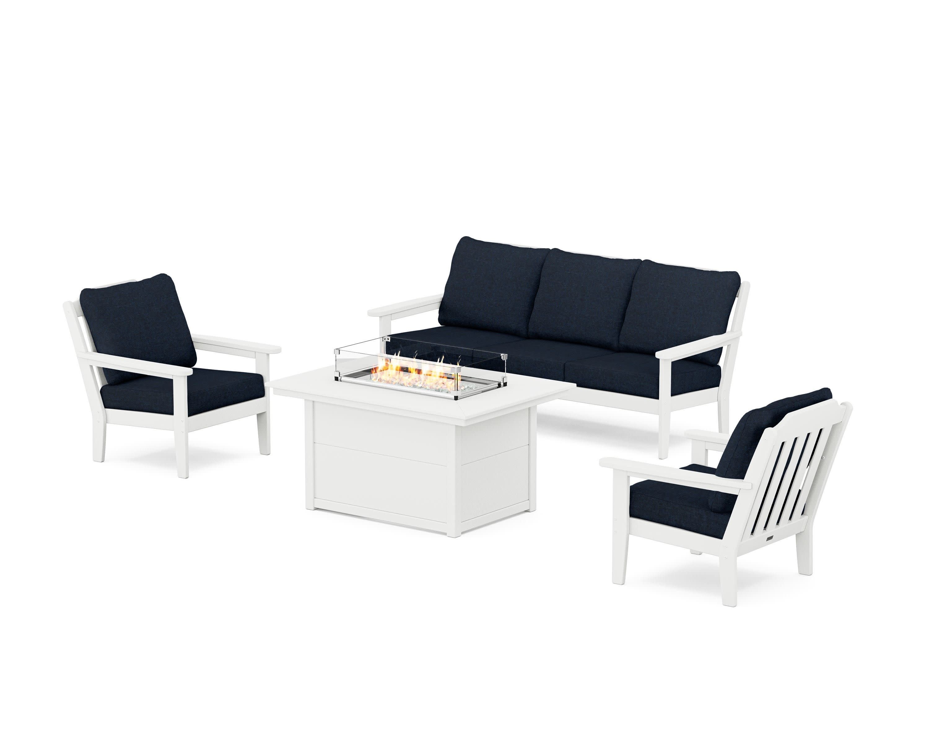 Cottage Deep Seating Fire Pit Table Set in White / Marine Indigo