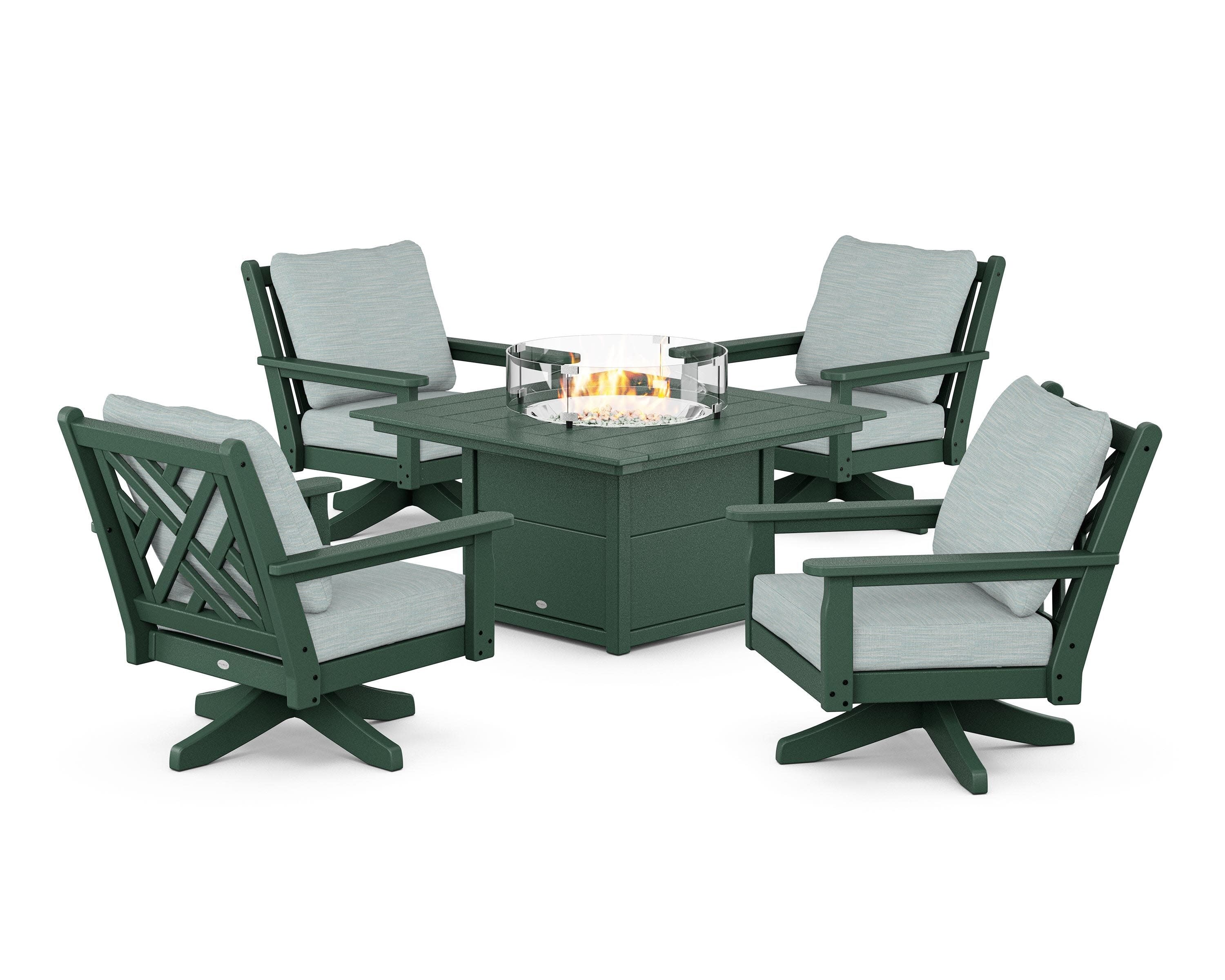Chippendale 5-Piece Deep Seating Swivel Conversation Set with Fire Pit Table in Green / Soothe Mist