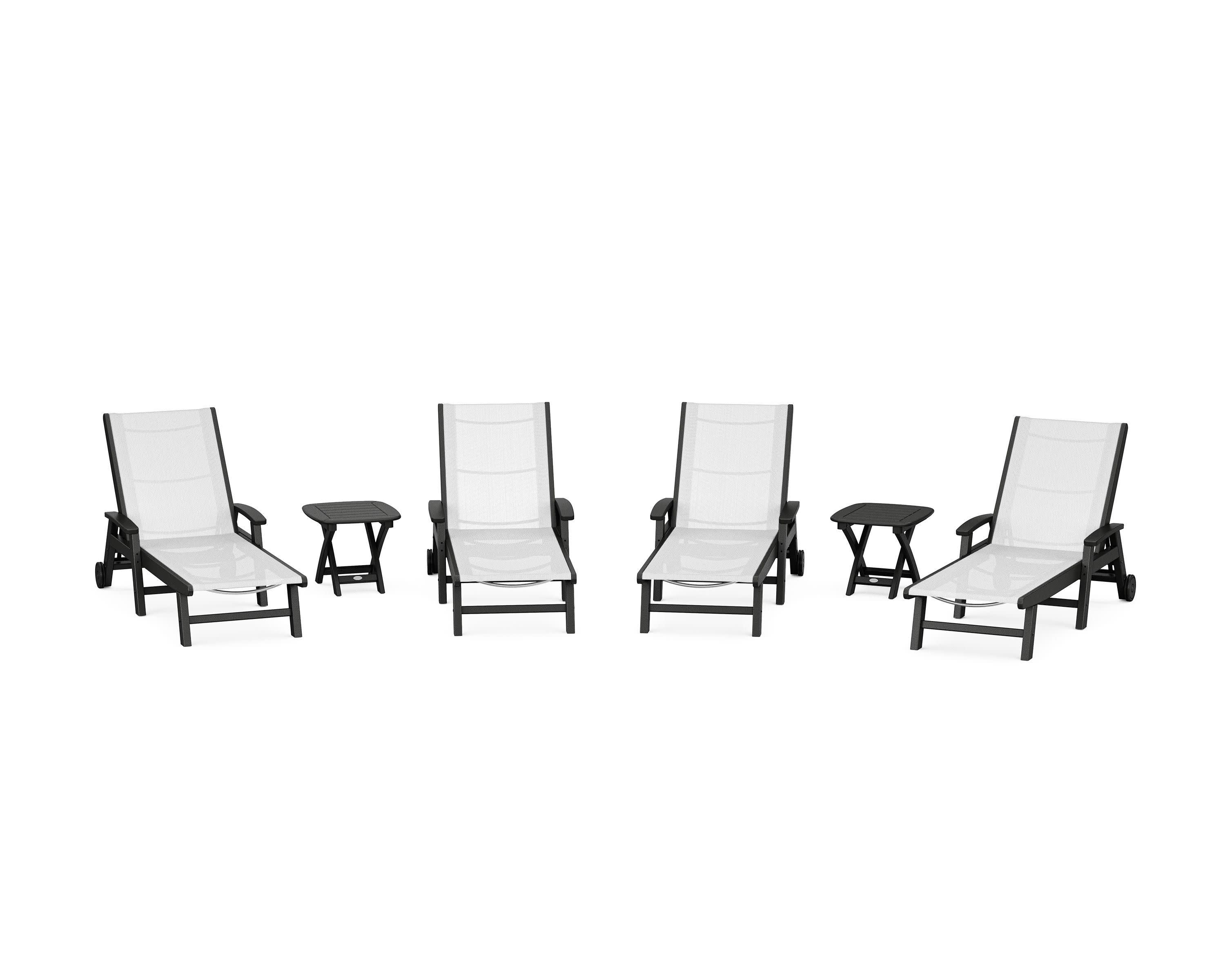 Coastal Chaise 6-Piece Set with Wheels in Black / White Sling