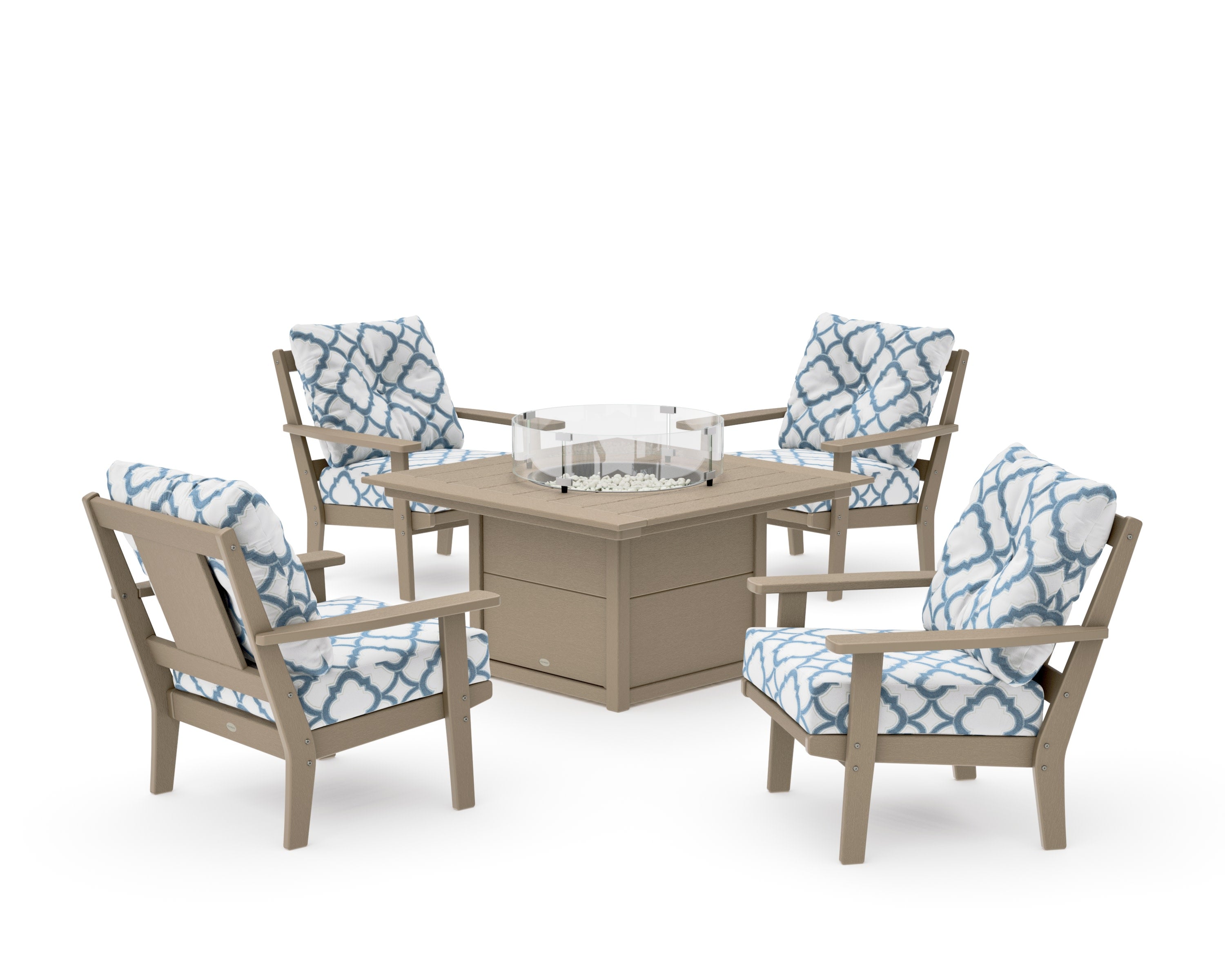 Prairie 5-Piece Deep Seating Set with Fire Pit Table in Vintage Sahara / Trellis Sky Blue
