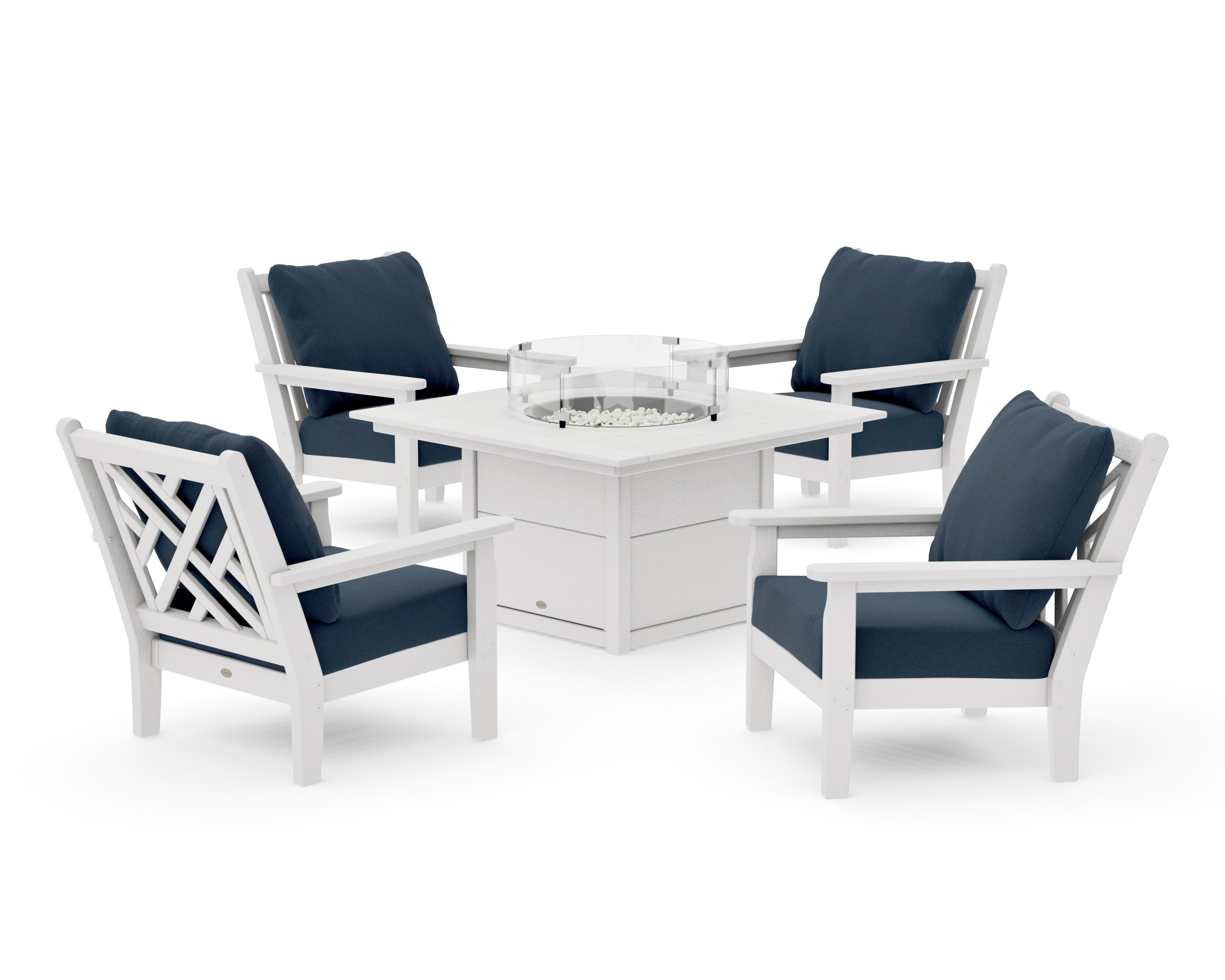 Chippendale 5-Piece Deep Seating Set with Fire Pit Table in Vintage White / Marine Indigo