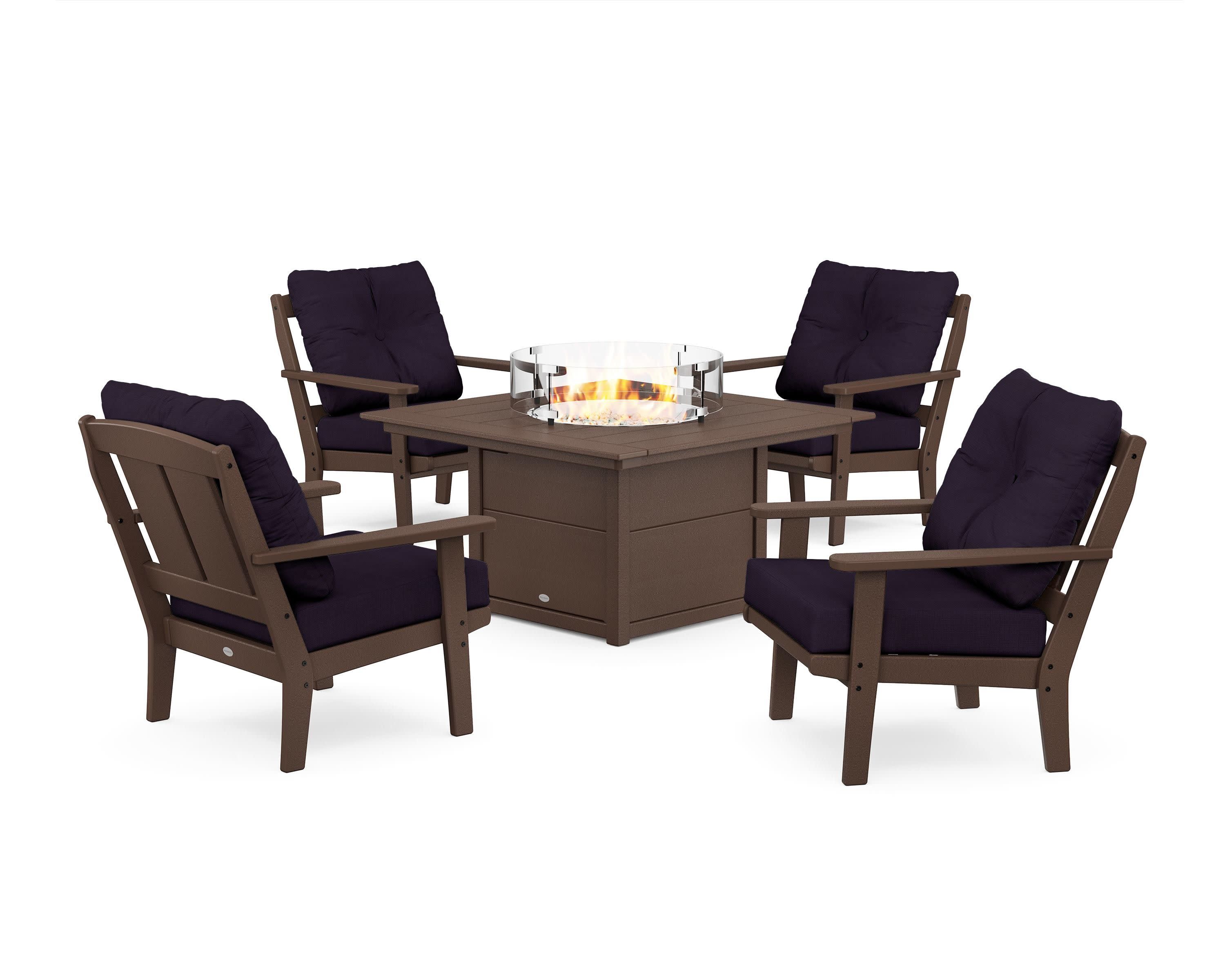 Mission 5-Piece Deep Seating Set with Fire Pit Table in Mahogany / Navy Linen