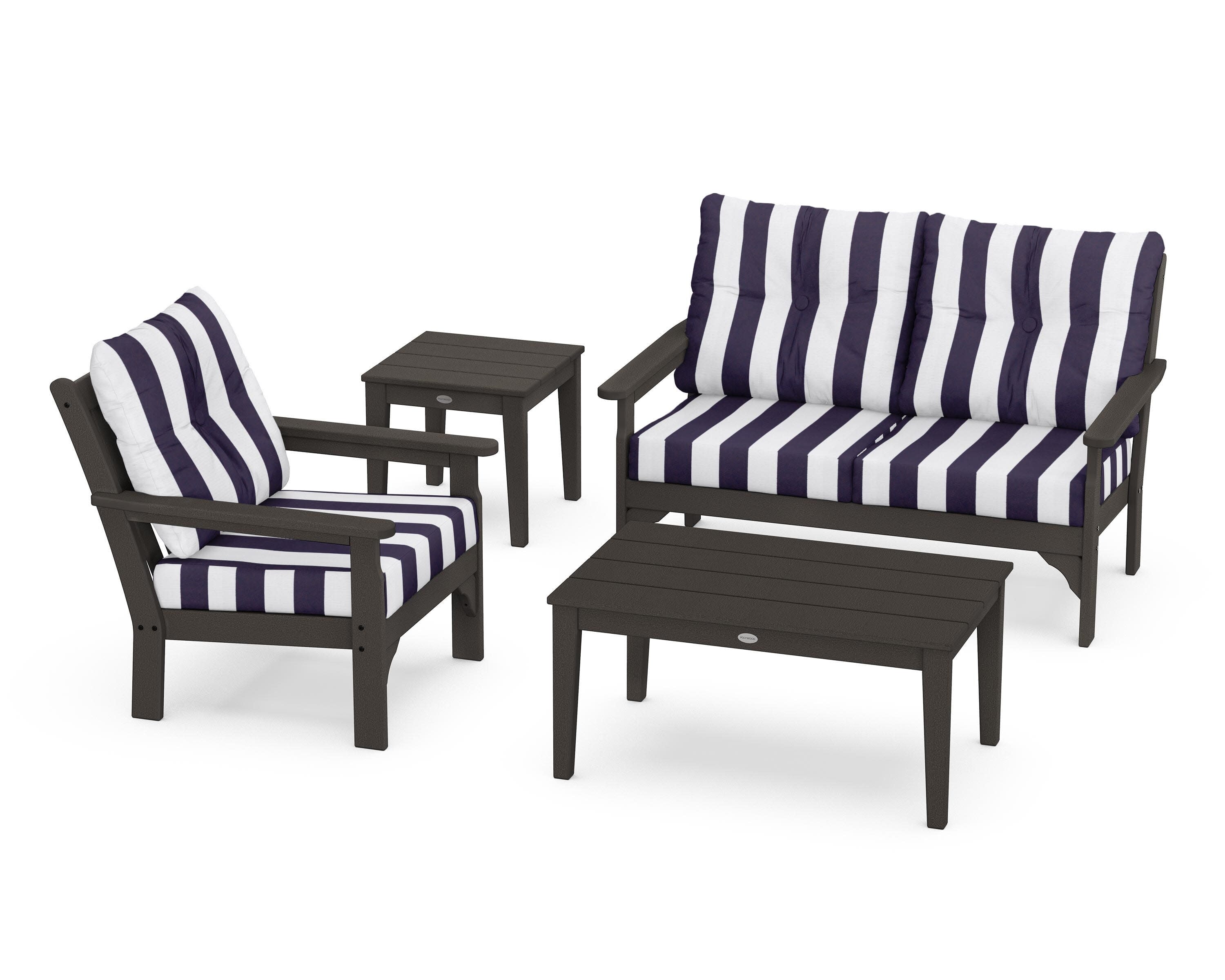 Vineyard 4-Piece Deep Seating Set in Vintage Coffee / Cabana Stripe Navy