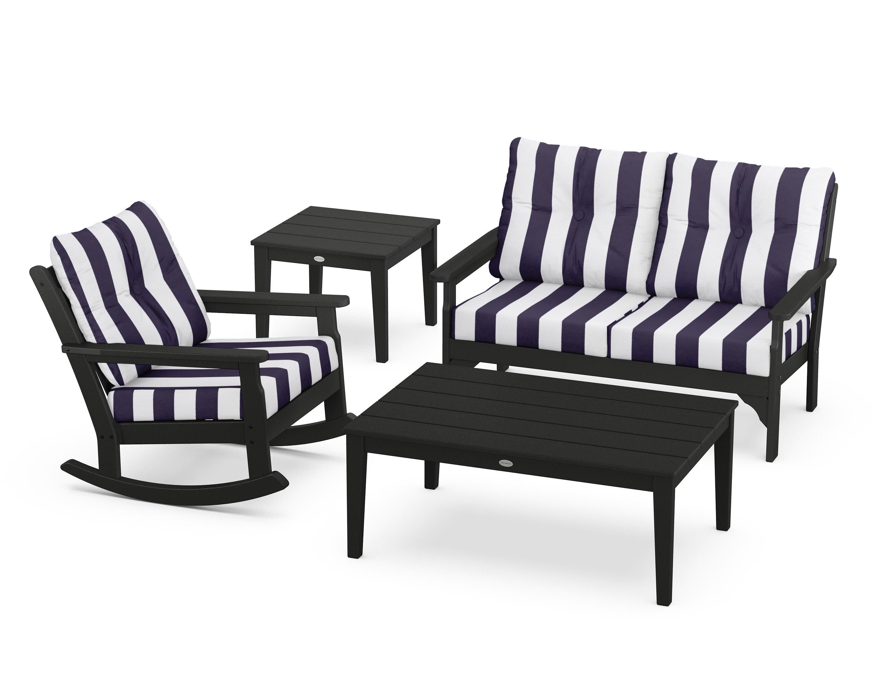 Vineyard 4-Piece Deep Seating Rocker Set in Black / Cabana Stripe Navy