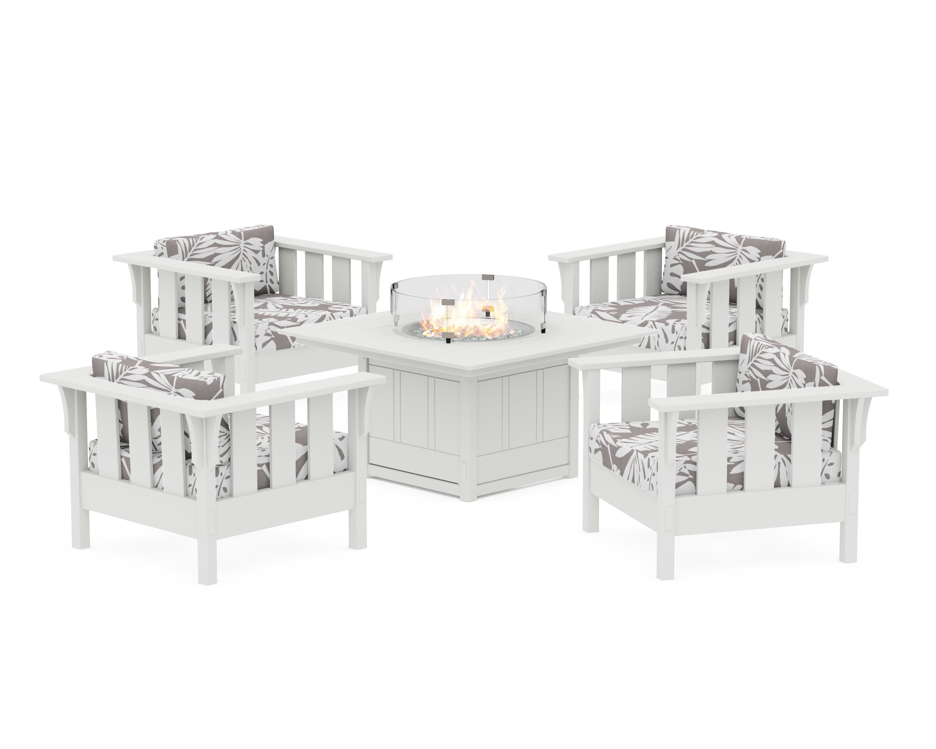 Acadia 5-Piece Deep Seating Set with Fire Pit Table in White / Leaf Grey Mist