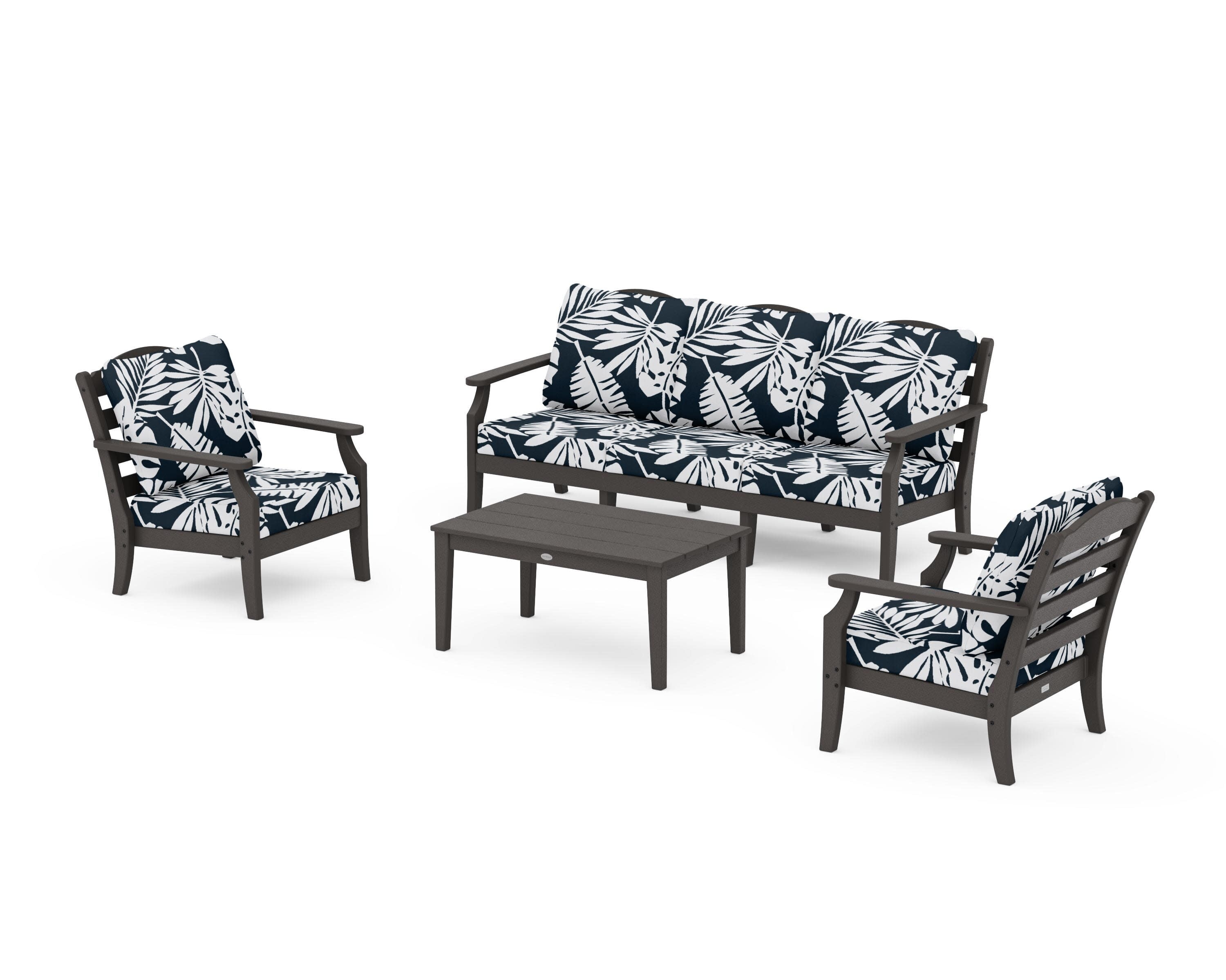 Savannah 4-Piece Deep Seating Set with Sofa in Vintage Coffee / Leaf Marine Indigo