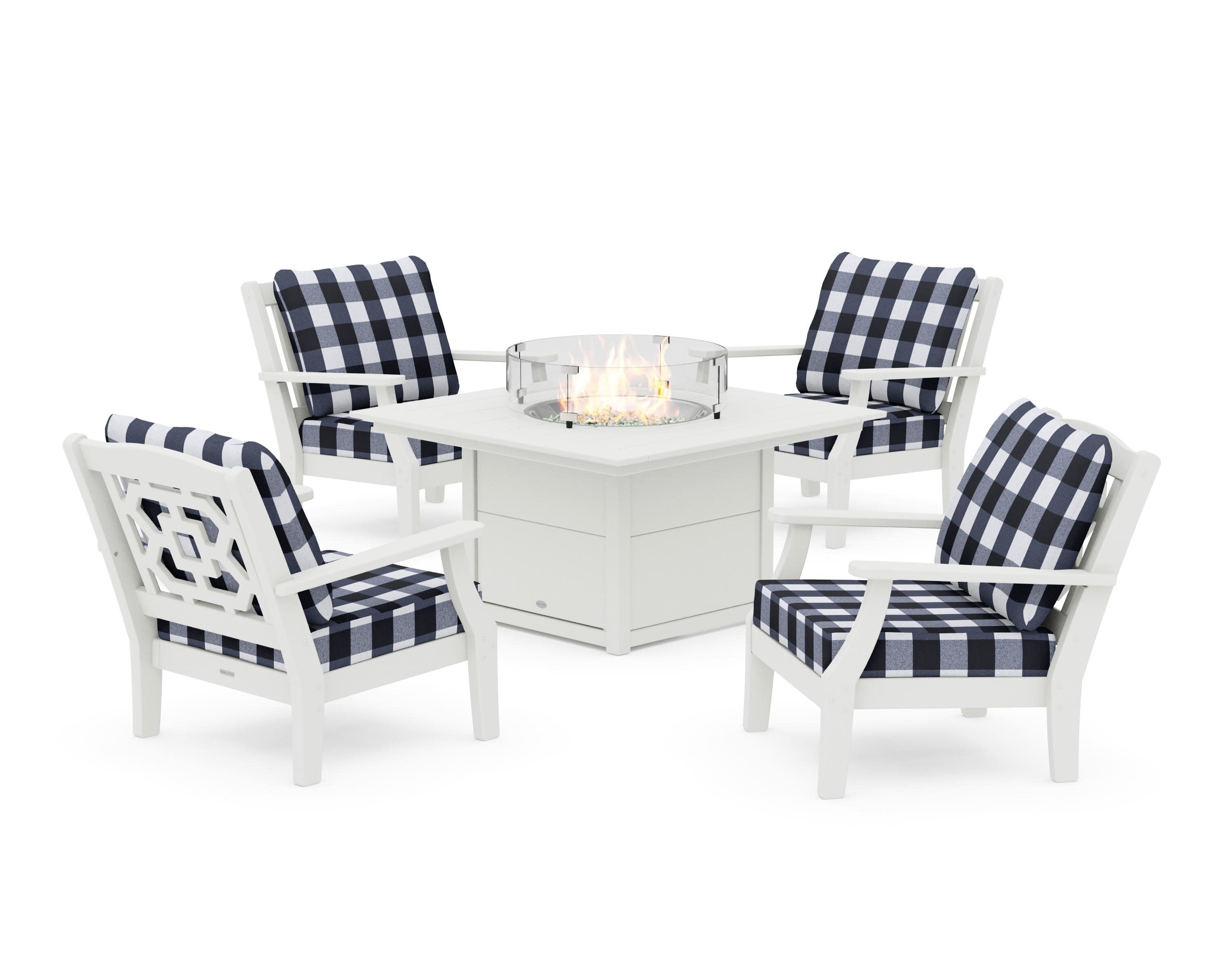 Chinoiserie 5-Piece Deep Seating Set with Fire Pit Table in Vintage White / Buffalo Plaid Marine Indigo