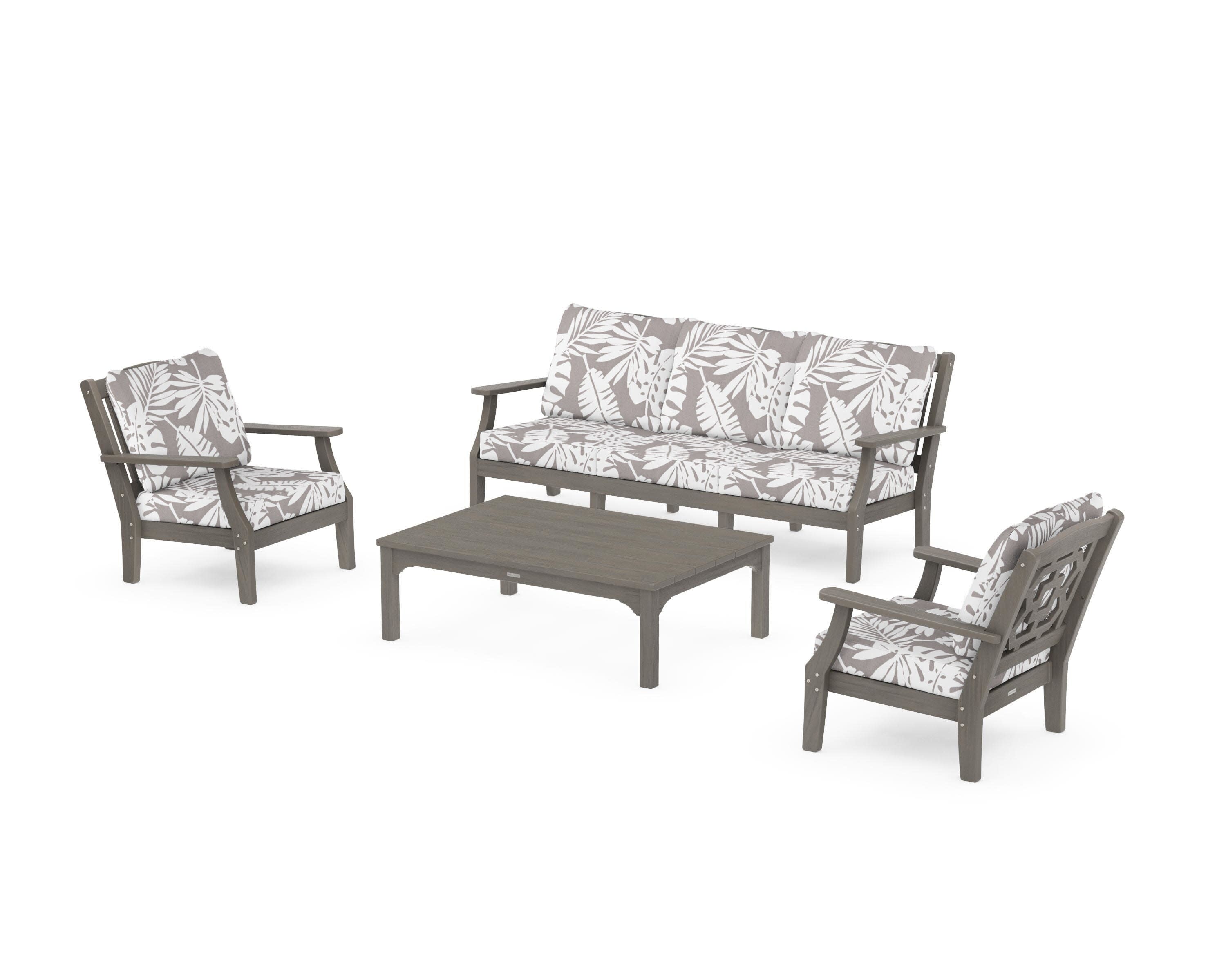 Chinoiserie 4-Piece Deep Seating Set with Sofa in Driftwood / Leaf Grey Mist