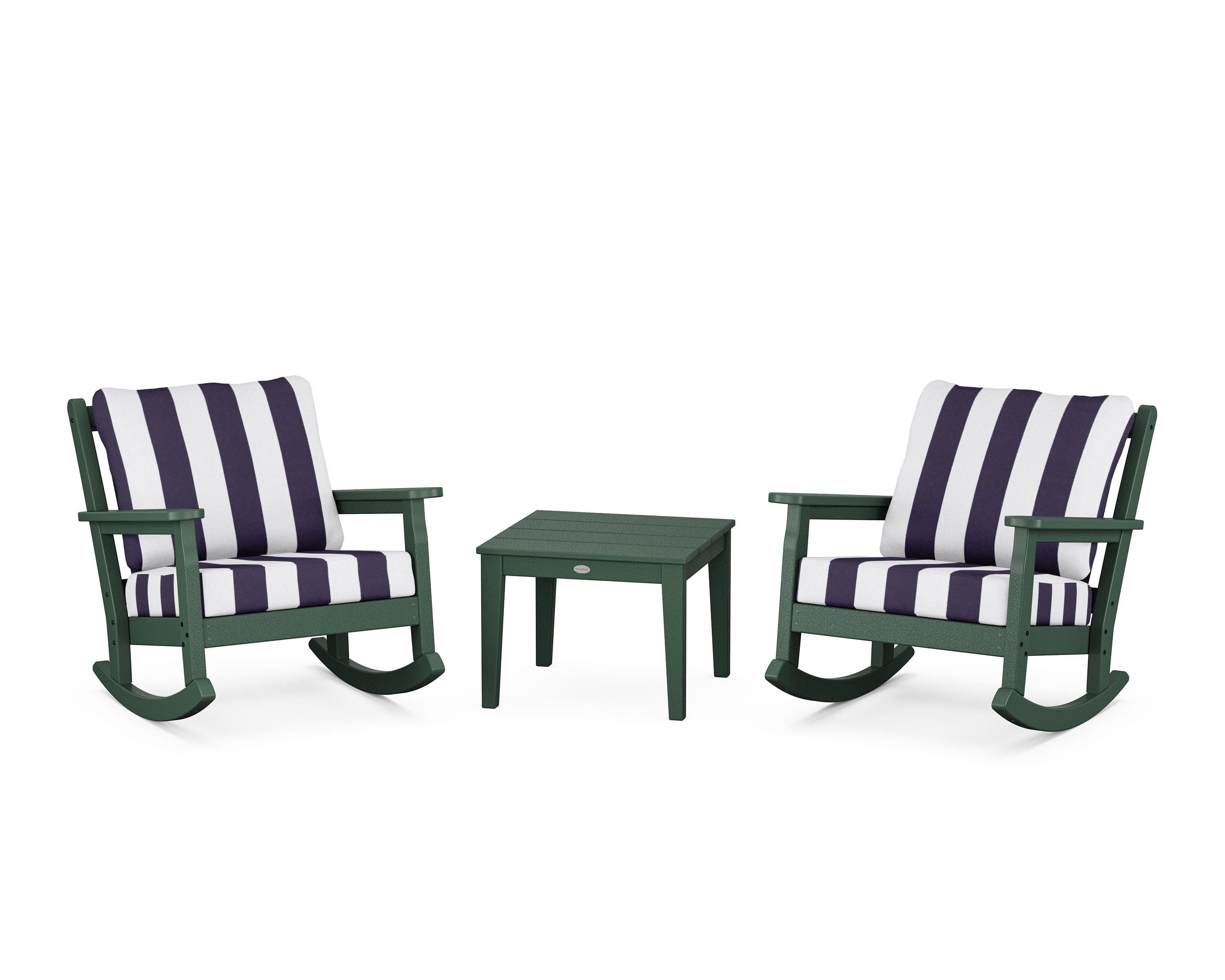 Chippendale 3-Piece Deep Seating Rocker Set in Green / Cabana Stripe Navy