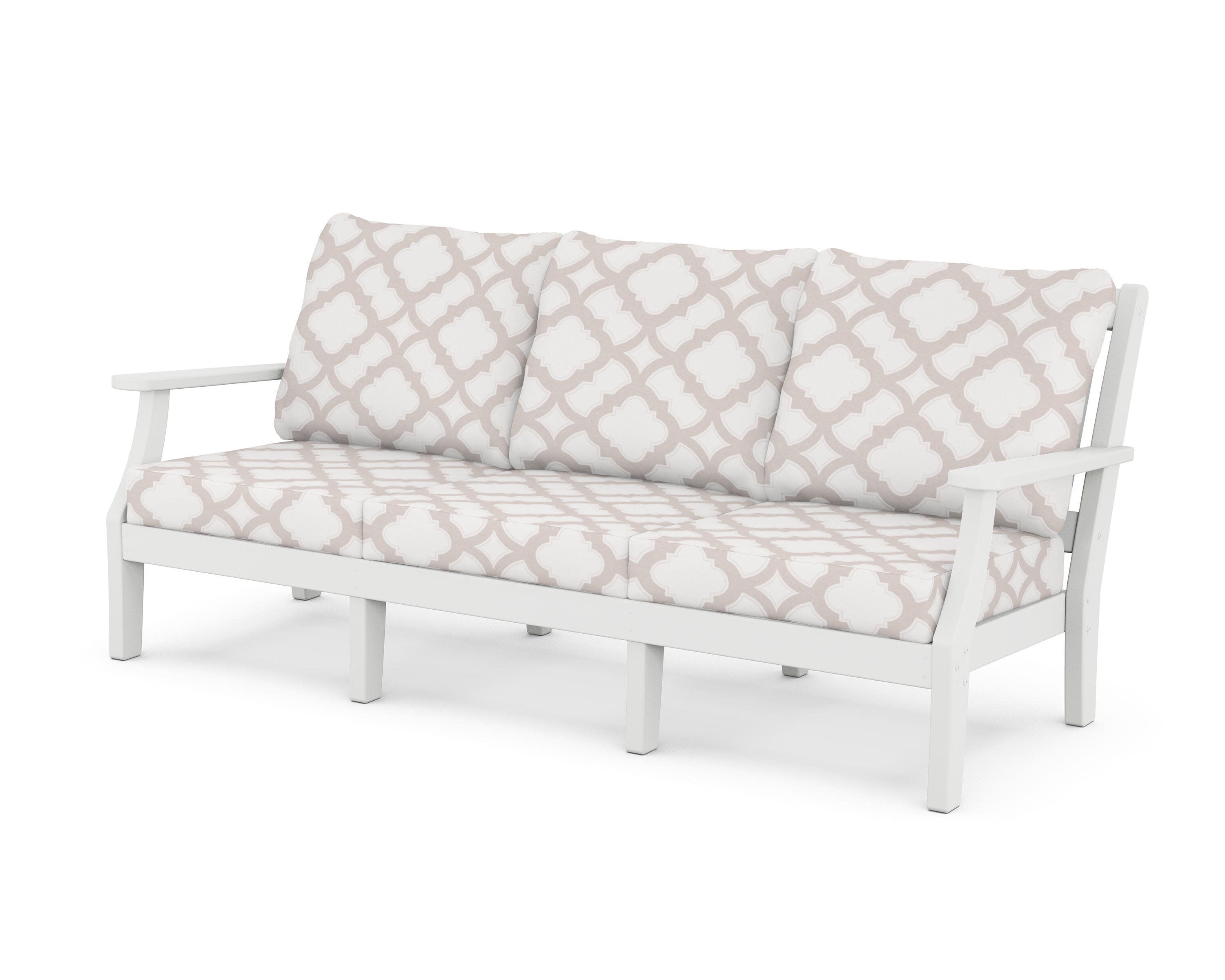 Chinoiserie Deep Seating Sofa in White / Trellis Dune Burlap
