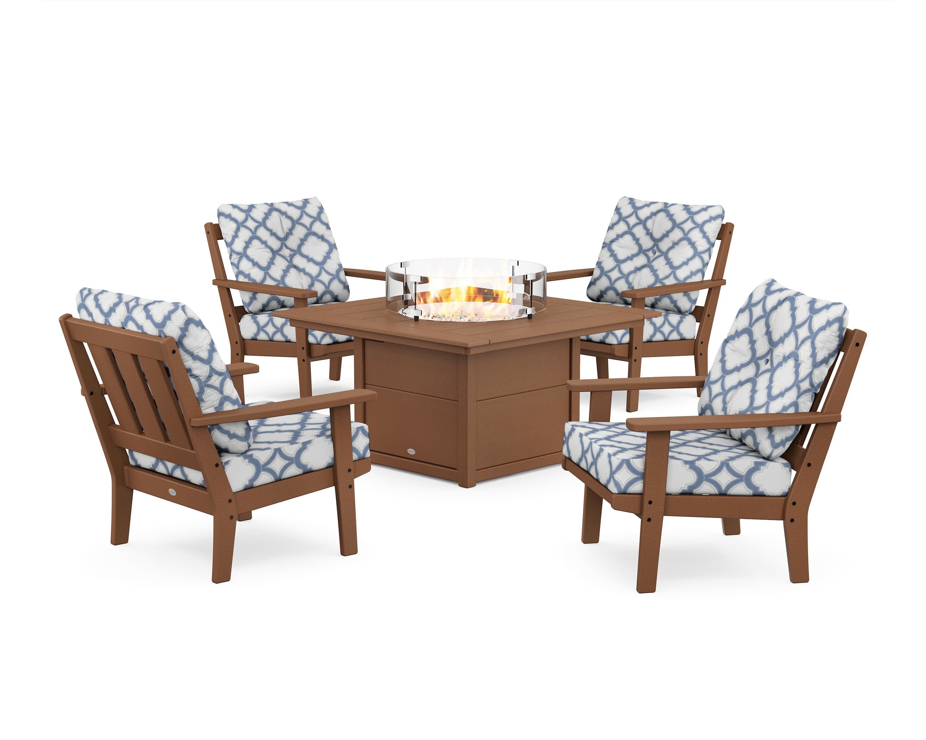Oxford 5-Piece Deep Seating Set with Fire Pit Table in Teak / Trellis Sky Blue