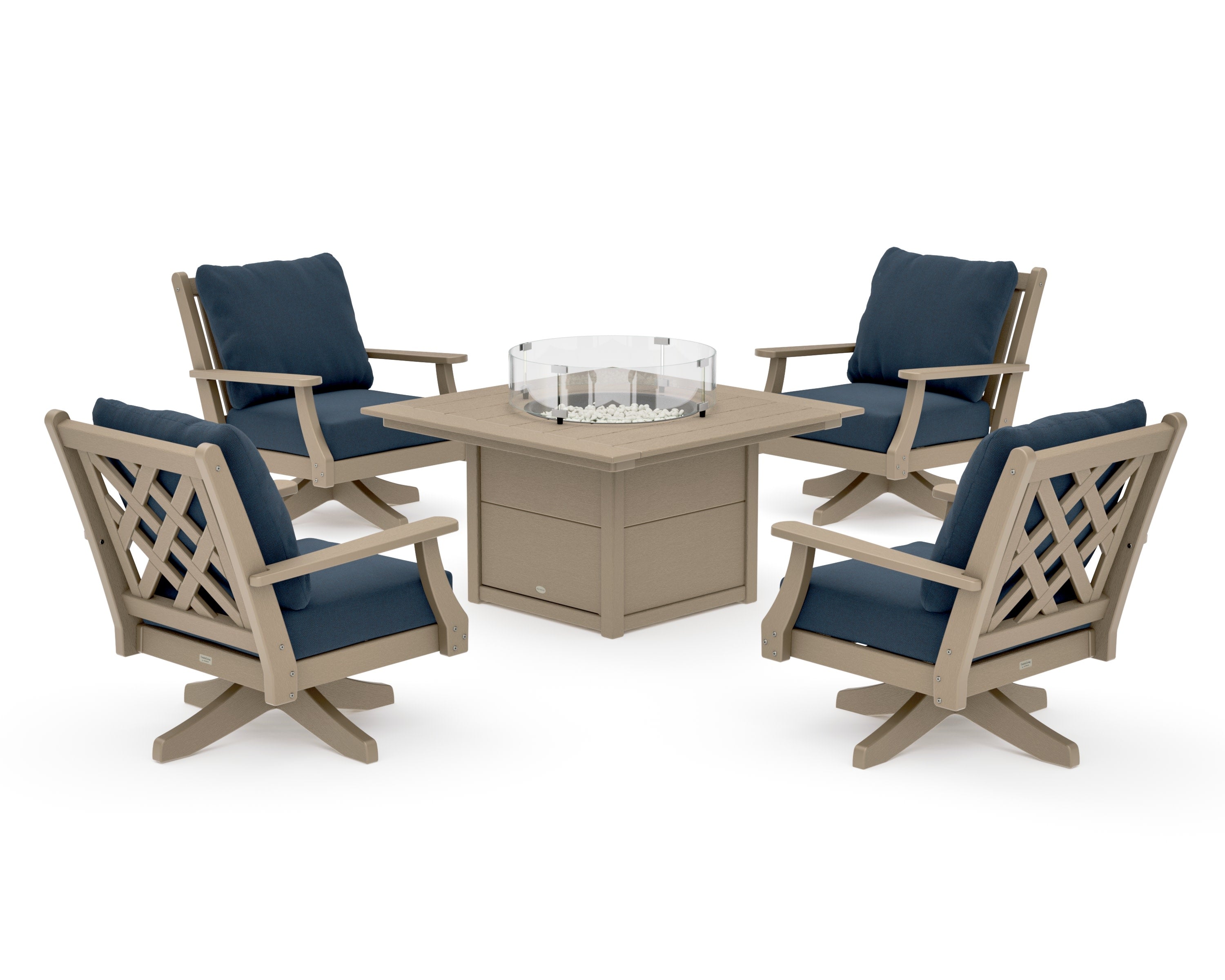 Wovendale 5-Piece Deep Seating Swivel Conversation Set with Fire Pit Table in Vintage Sahara / Marine Indigo