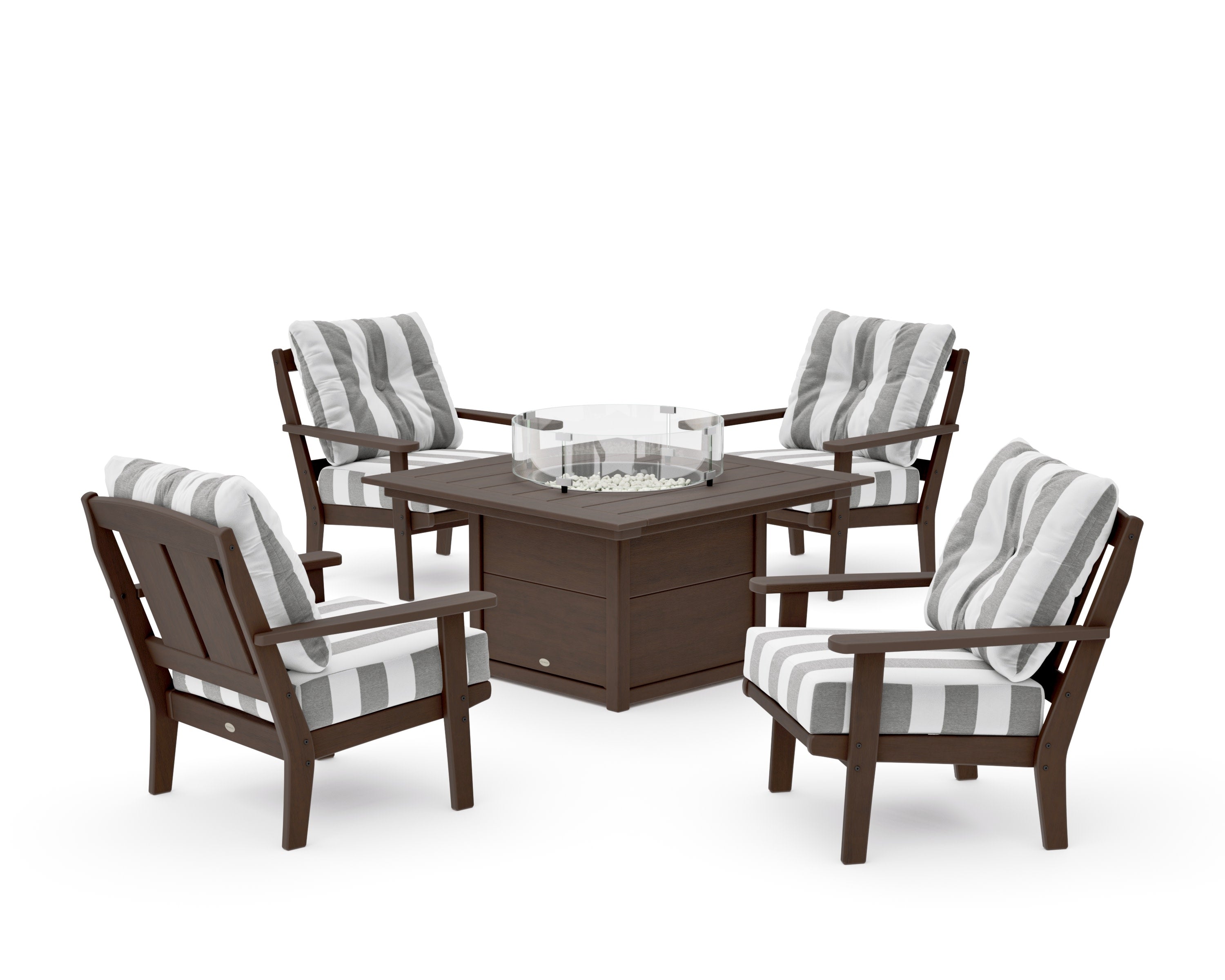 Mission 5-Piece Deep Seating Set with Fire Pit Table in Kona / Cabana Stripe Grey Mist