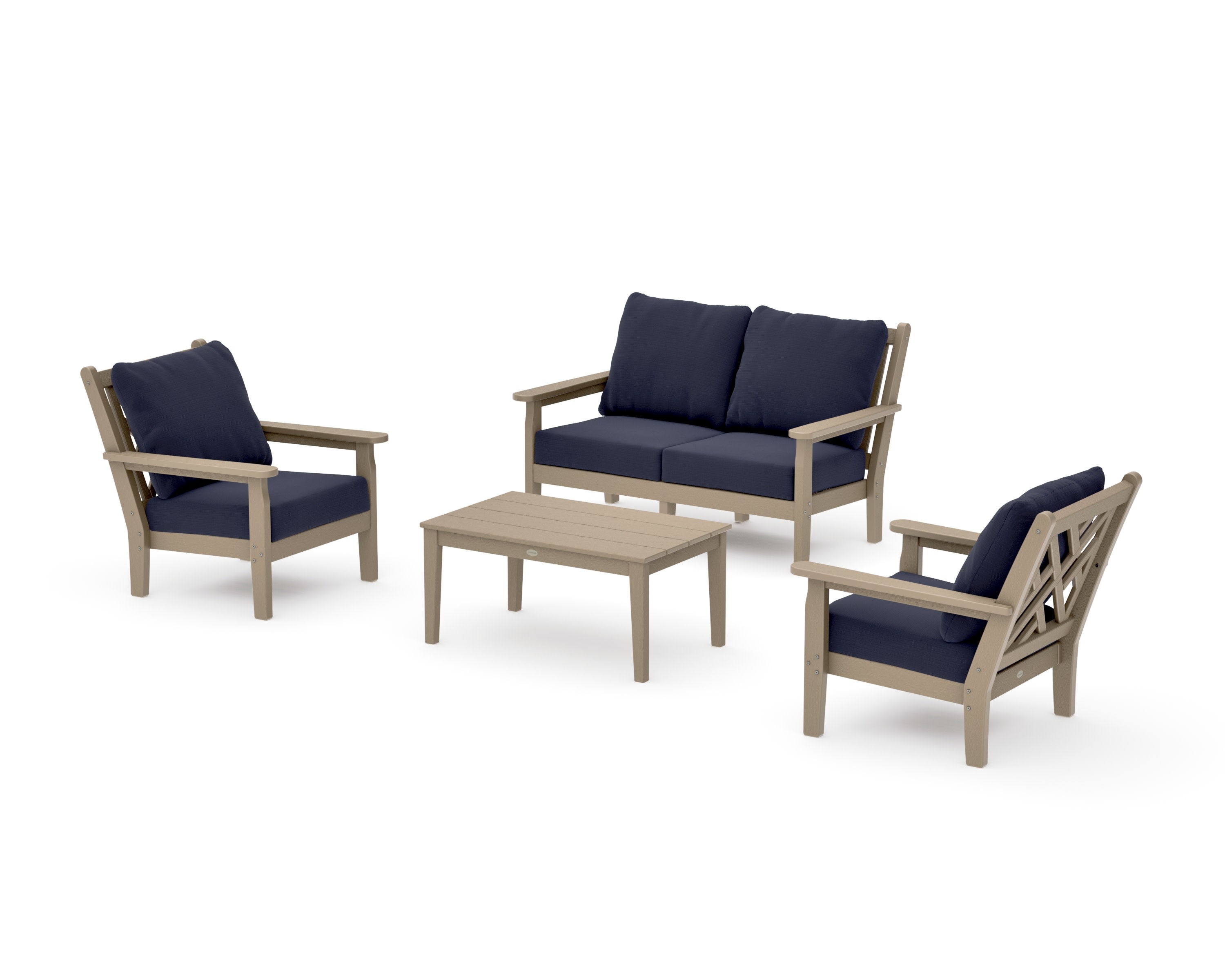Chippendale 4-Piece Deep Seating Set with Loveseat in Vintage Sahara / Navy Linen