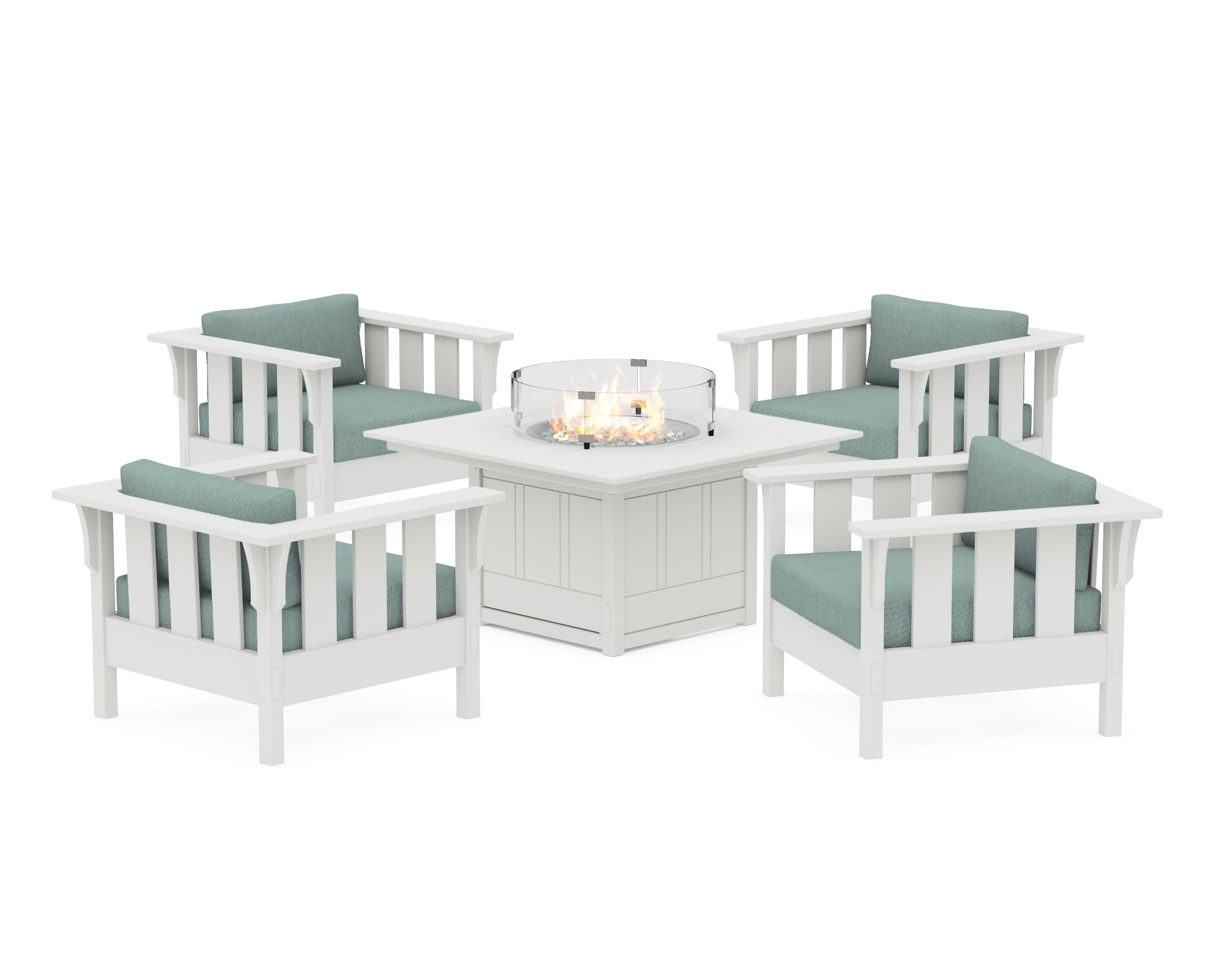 Acadia 5-Piece Deep Seating Set with Fire Pit Table in Vintage White / Glacier Spa