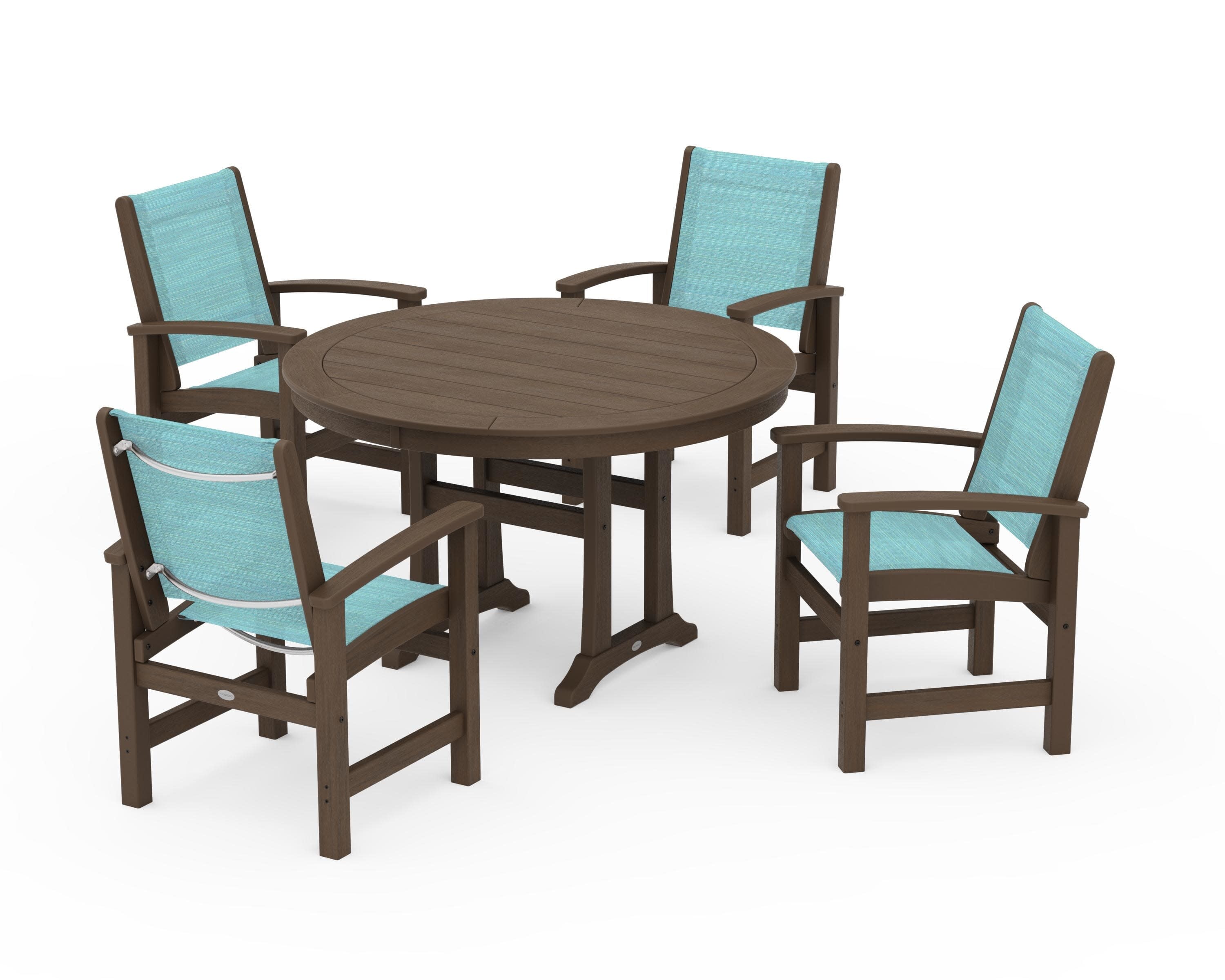 Coastal 5-Piece Round Dining Set with Trestle Legs in Kona / Dupioni Aquamarine Sling