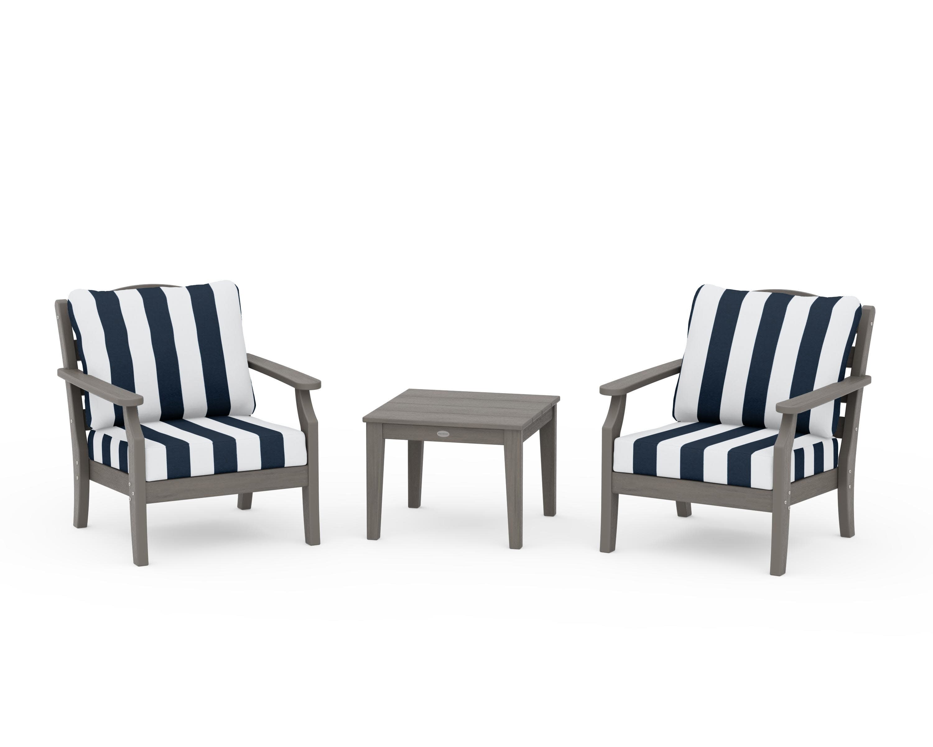 Savannah 3-Piece Deep Seating Set in Driftwood / Cabana Stripe Marine Indigo