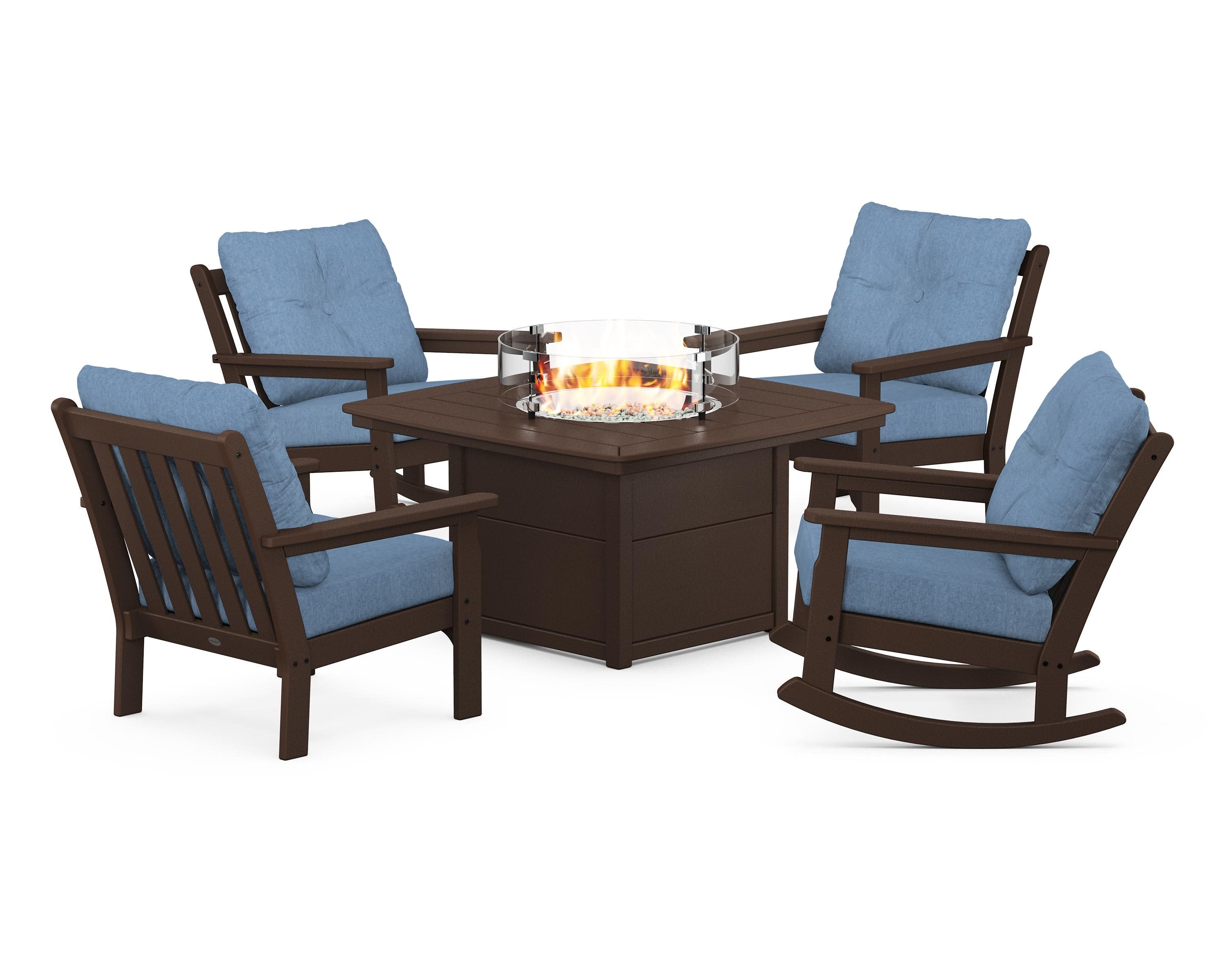 Vineyard 5-Piece Deep Seating Rocking Chair Conversation Set with Fire Pit Table in Mahogany / Sky Blue