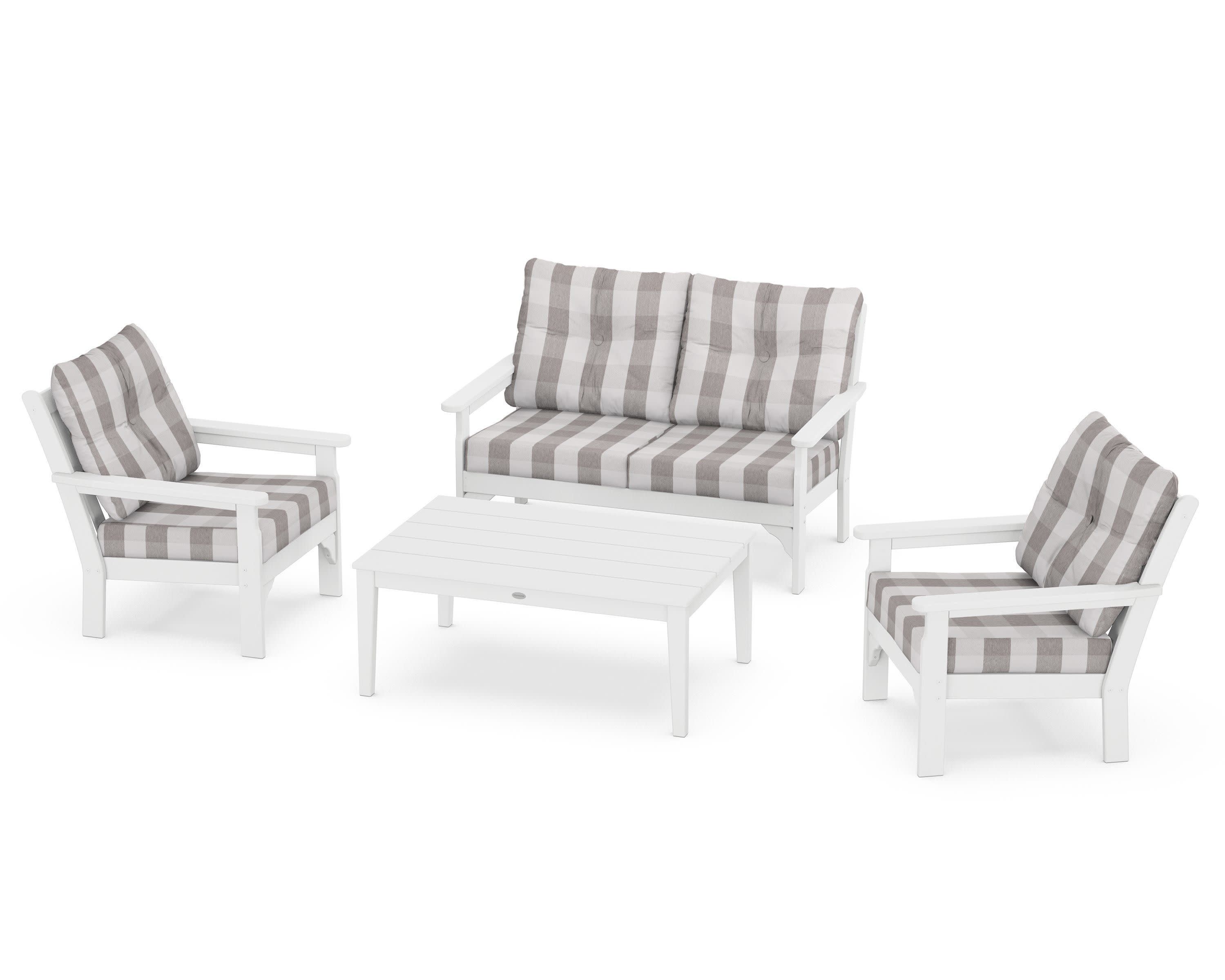Vineyard 4-Piece Deep Seating Set in White / Buffalo Plaid Grey Mist