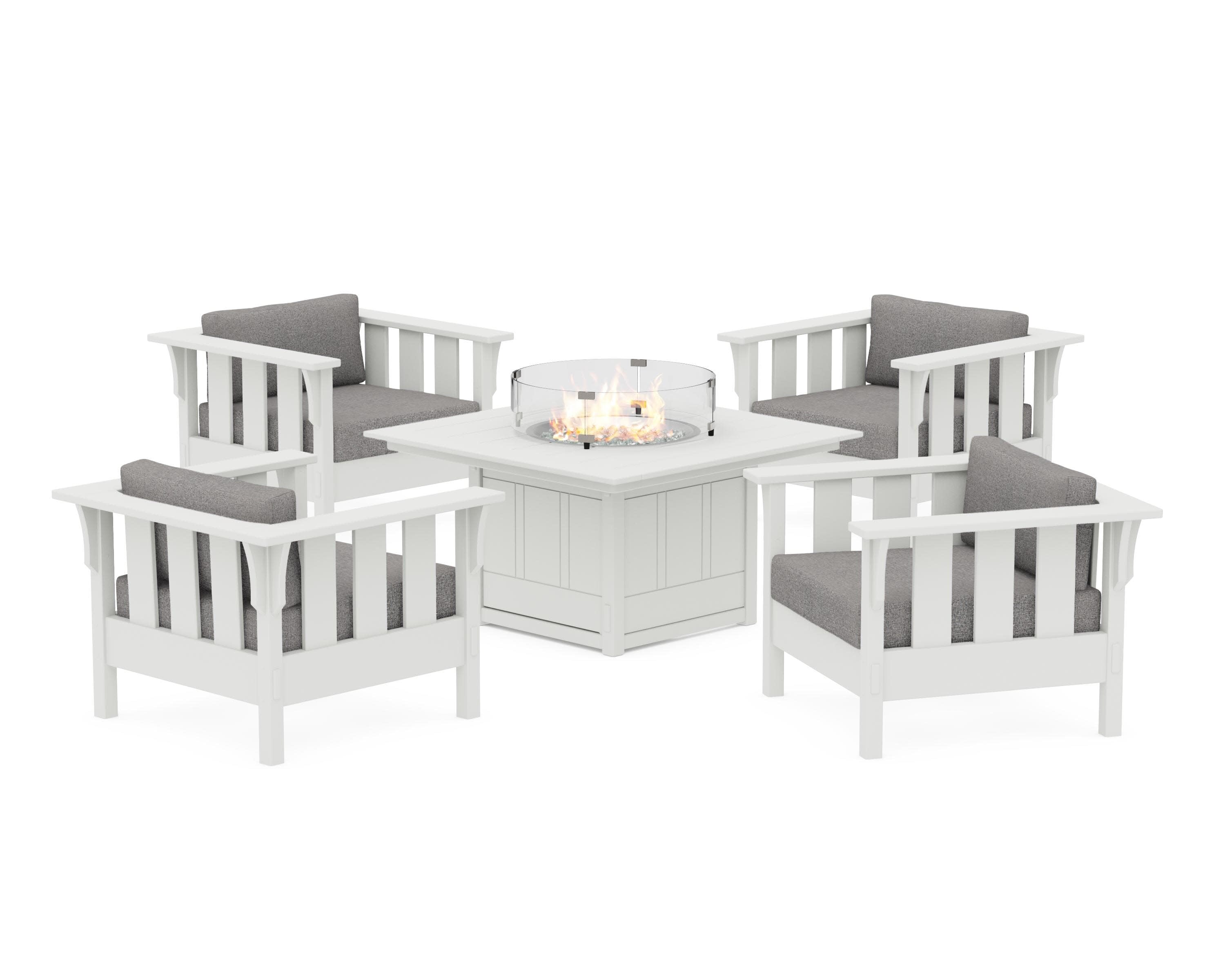 Acadia 5-Piece Deep Seating Set with Fire Pit Table in White / Grey Mist