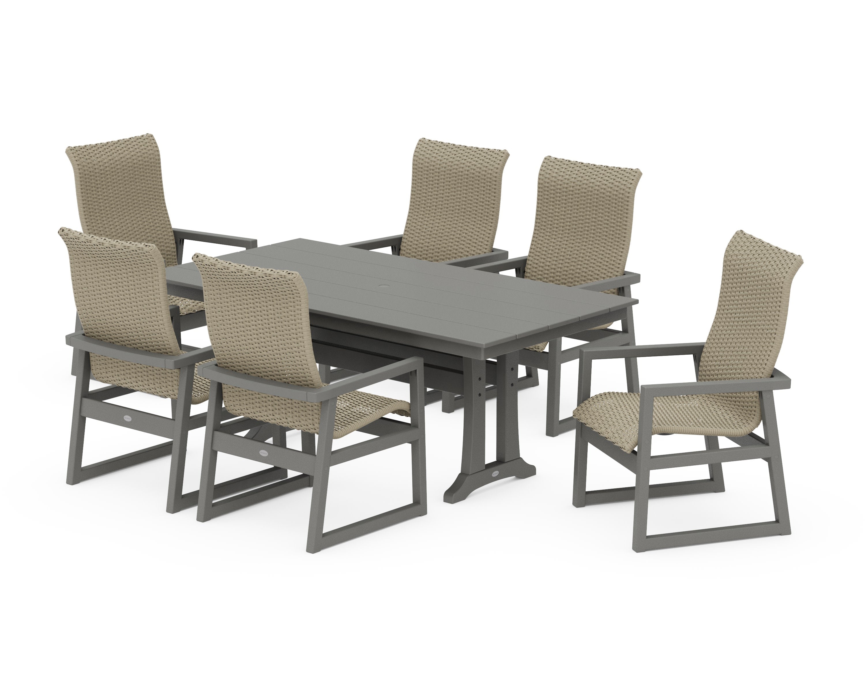 EDGE Woven Highback Arm Chair 7-Piece Farmhouse Dining Set with Trestle Legs in Slate Grey / Dune Grass
