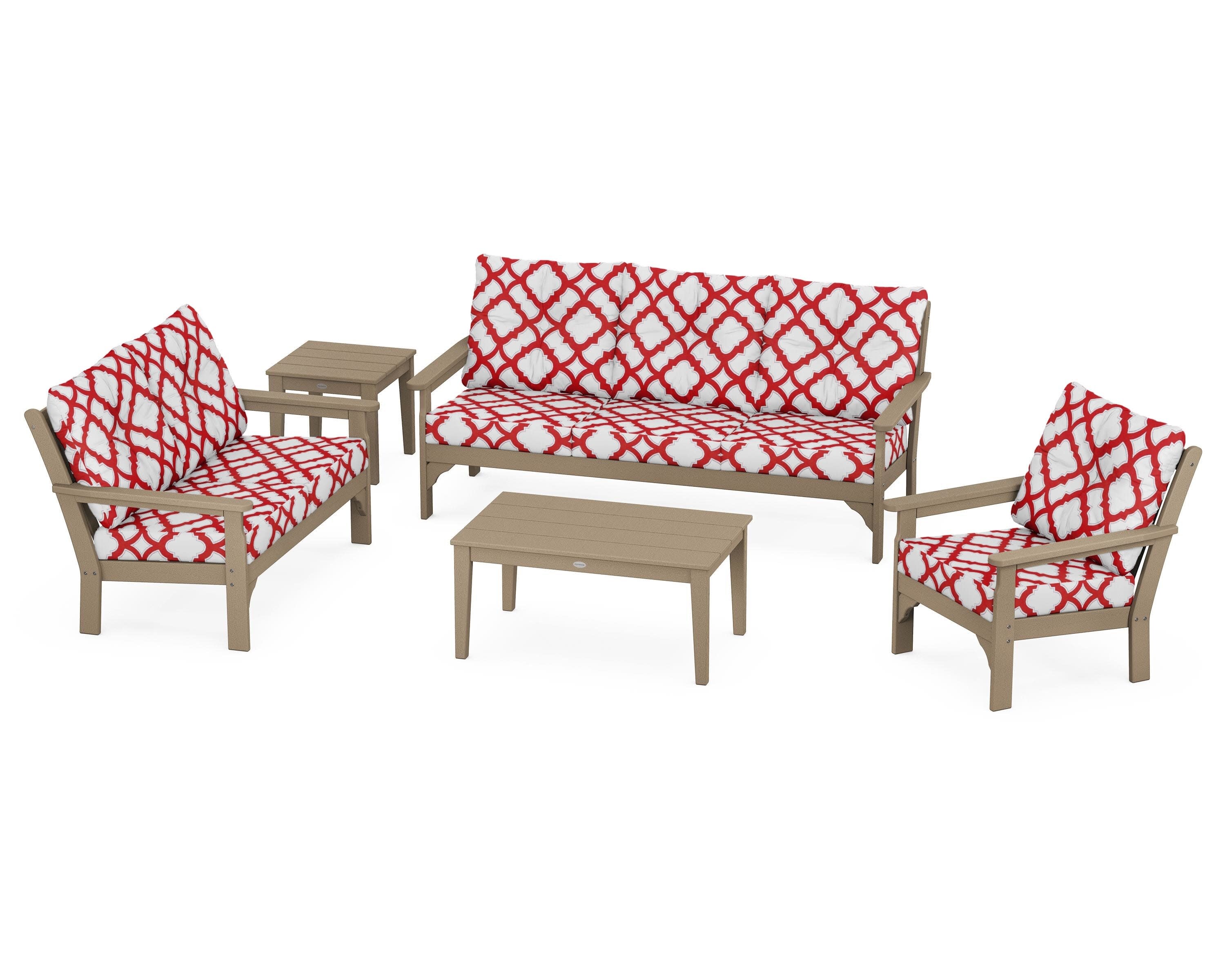 Vineyard 5 Piece Deep Seating Set in Vintage Sahara / Trellis Crimson