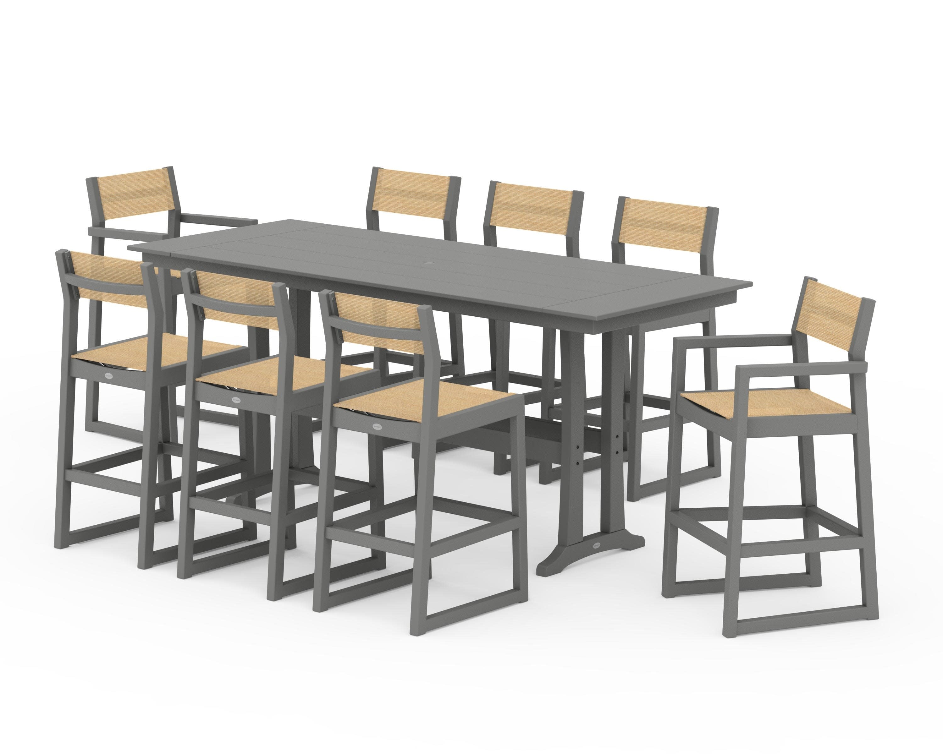 EDGE Sling 9-Piece Farmhouse Bar Set with Trestle Legs in Slate Grey / Dupioni Apricot Sling