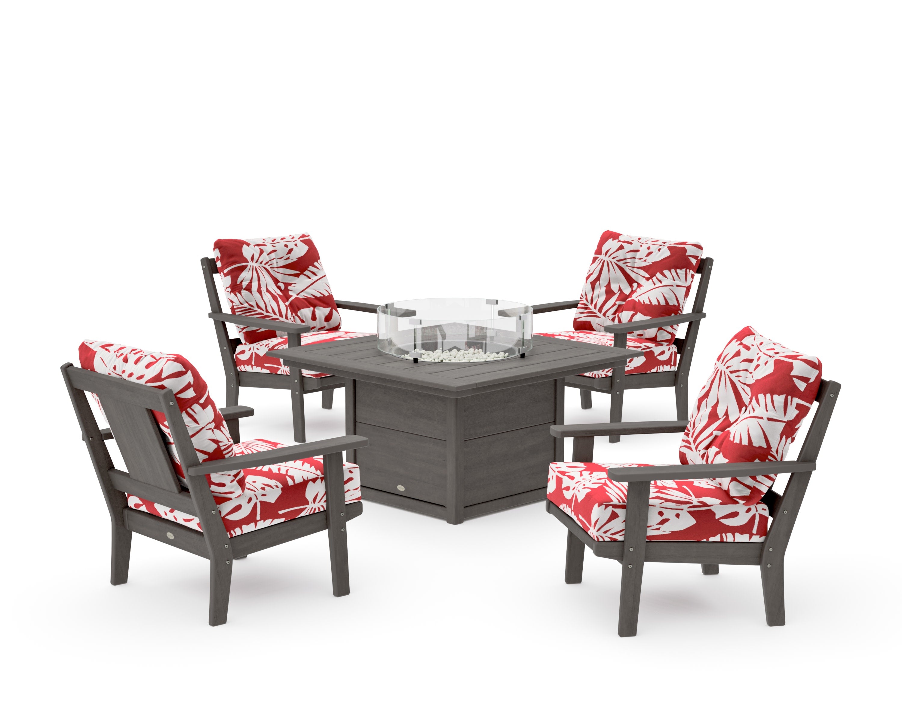 Prairie 5-Piece Deep Seating Set with Fire Pit Table in Driftwood / Leaf Crimson