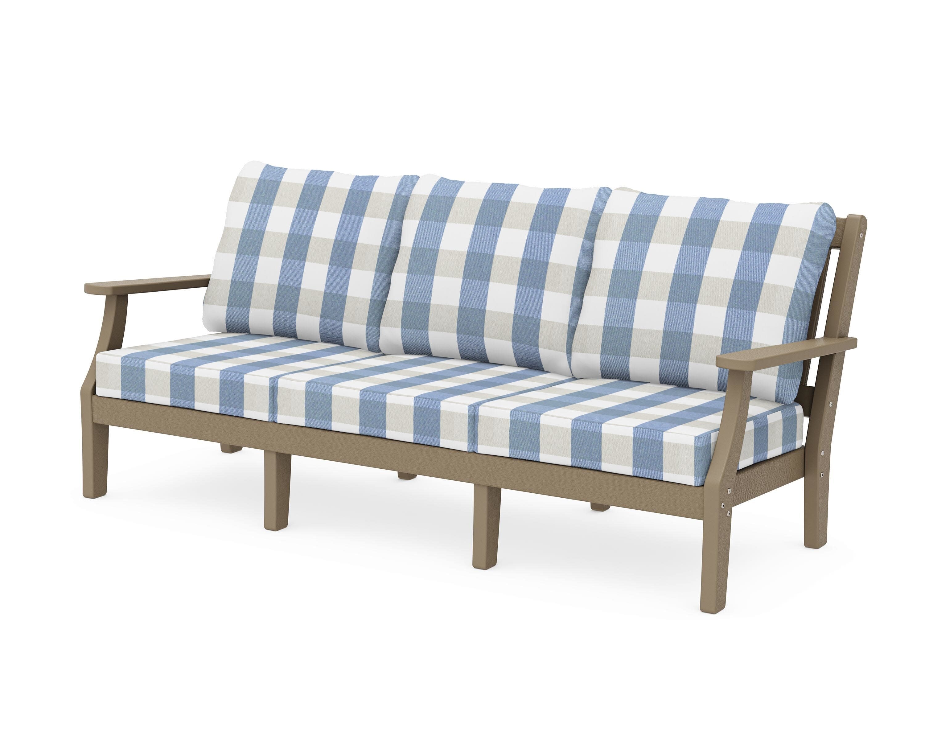 Chinoiserie Deep Seating Sofa in Vintage Sahara / Buffalo Plaid Sky Blue