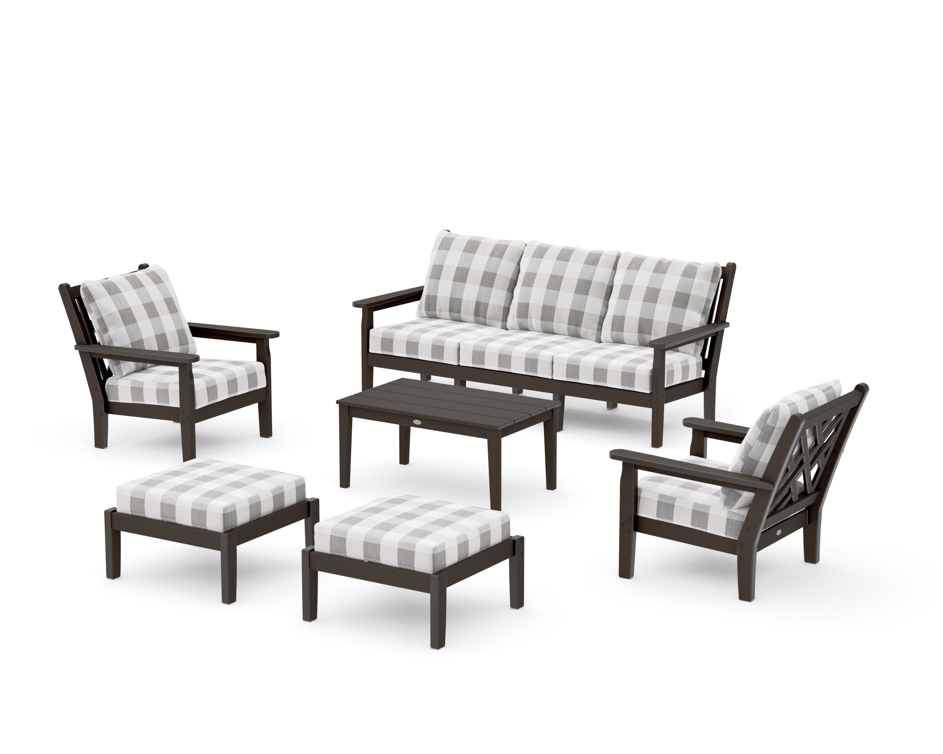 Chippendale 6-Piece Lounge Sofa Set in Vintage Coffee / Buffalo Plaid Grey Mist