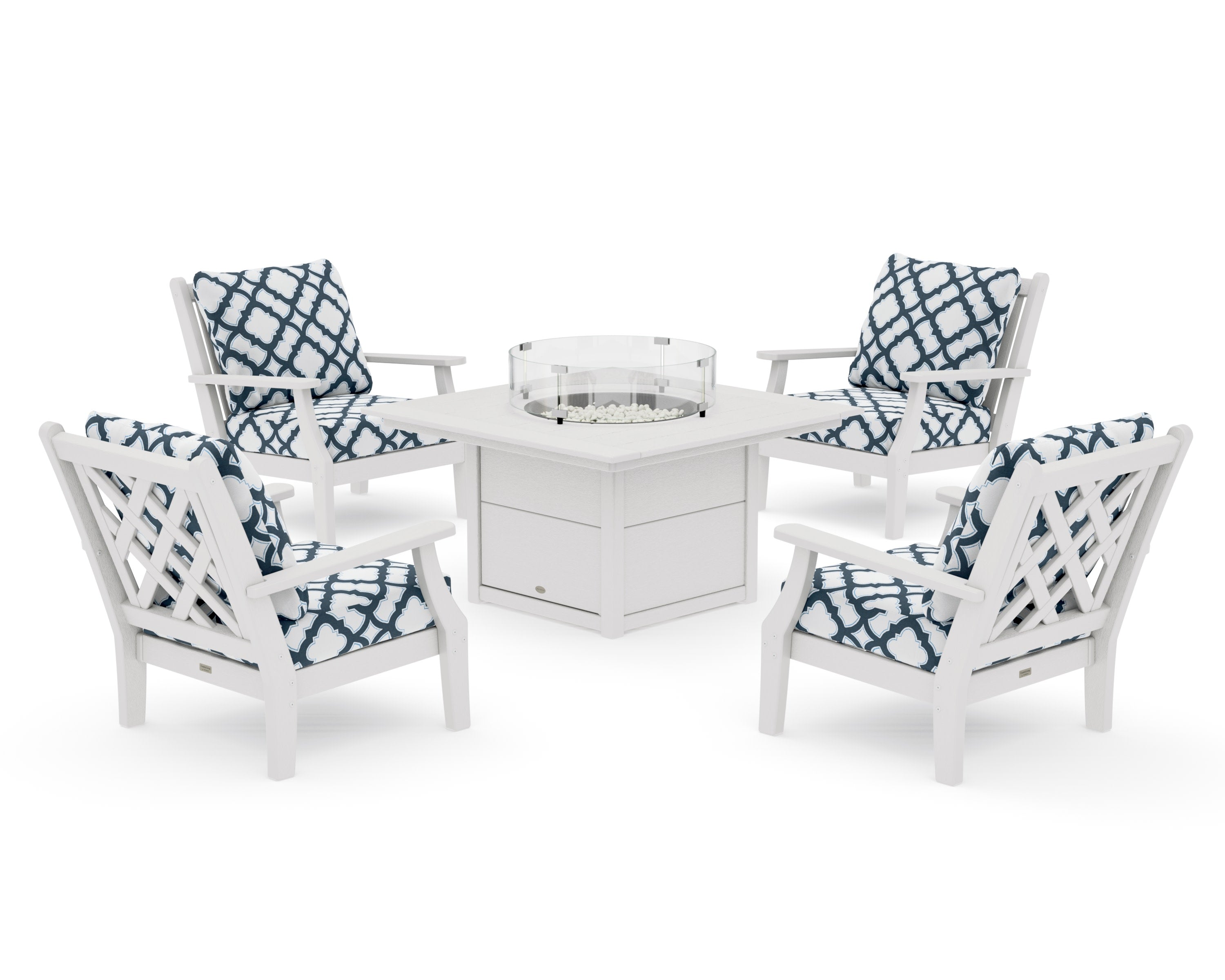 Wovendale 5-Piece Deep Seating Set with Fire Pit Table in Vintage White / Trellis Marine Indigo