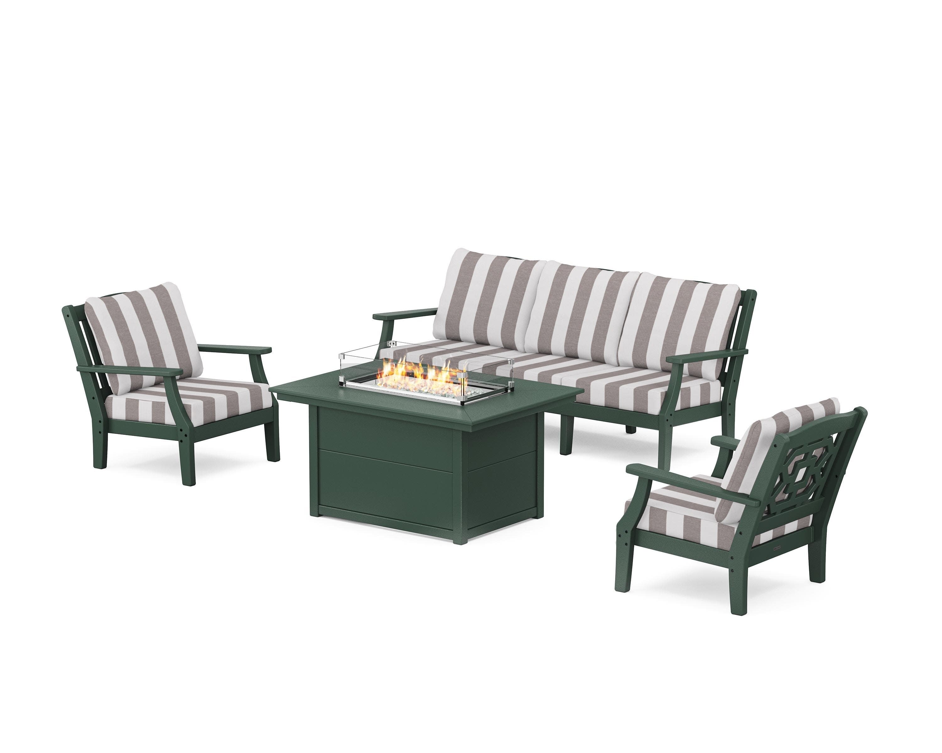 Chinoiserie Deep Seating Fire Pit Table Set in Green / Cabana Stripe Grey Mist