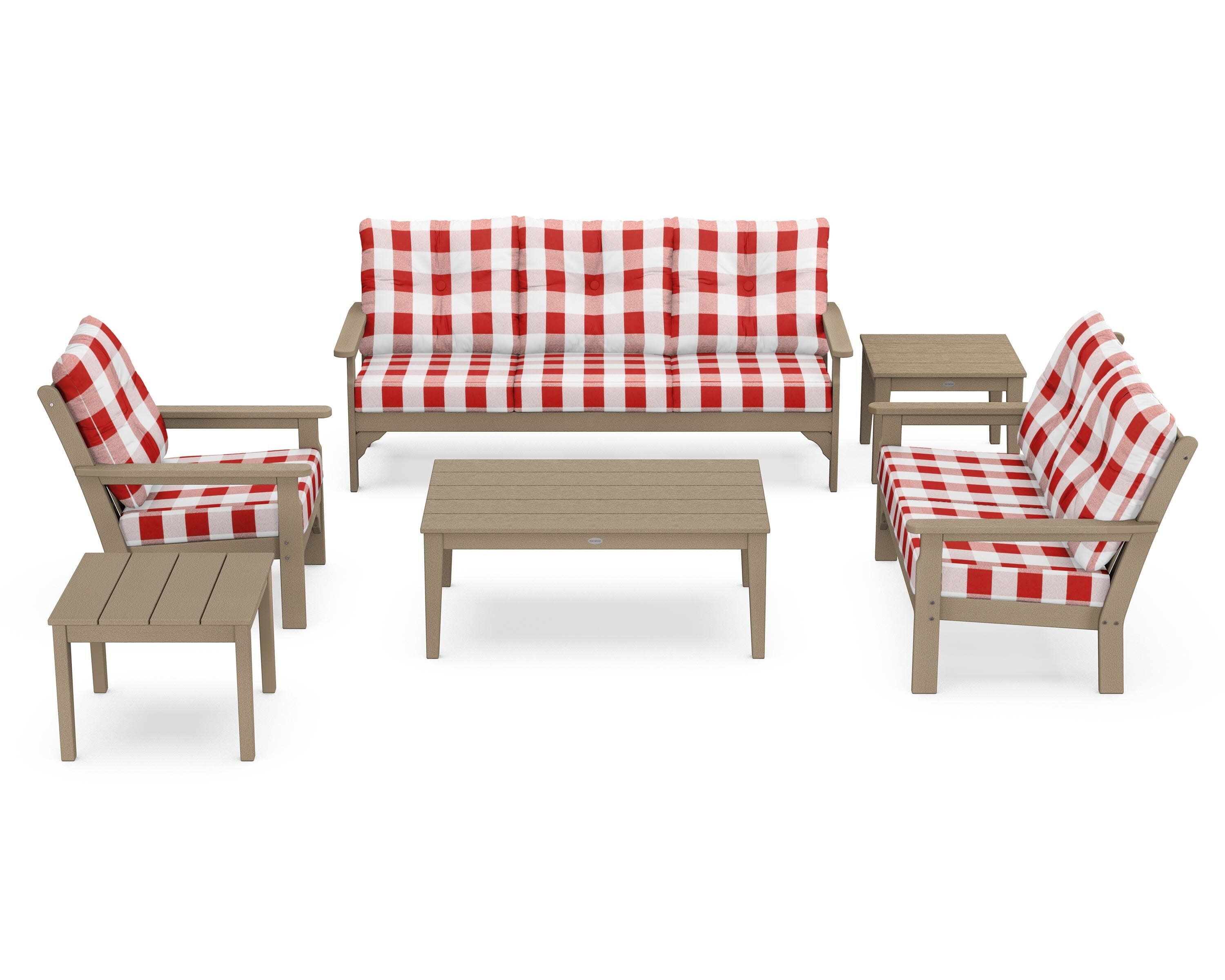 Vineyard 6-Piece Deep Seating Set in Vintage Sahara / Buffalo Plaid Crimson