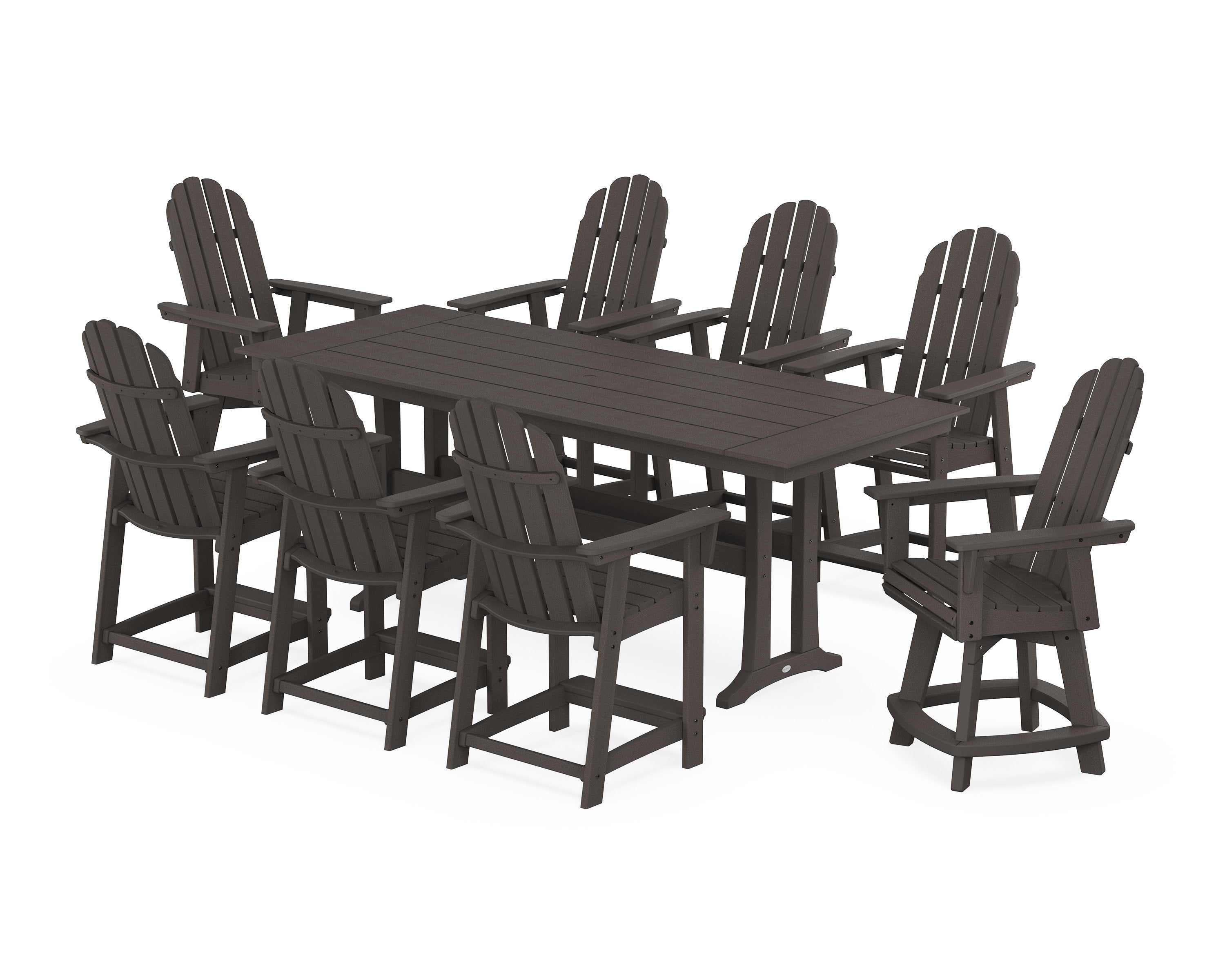 Vineyard Curveback Adirondack Swivel 9-Piece Farmhouse Counter Set with Trestle Legs in Vintage Coffee