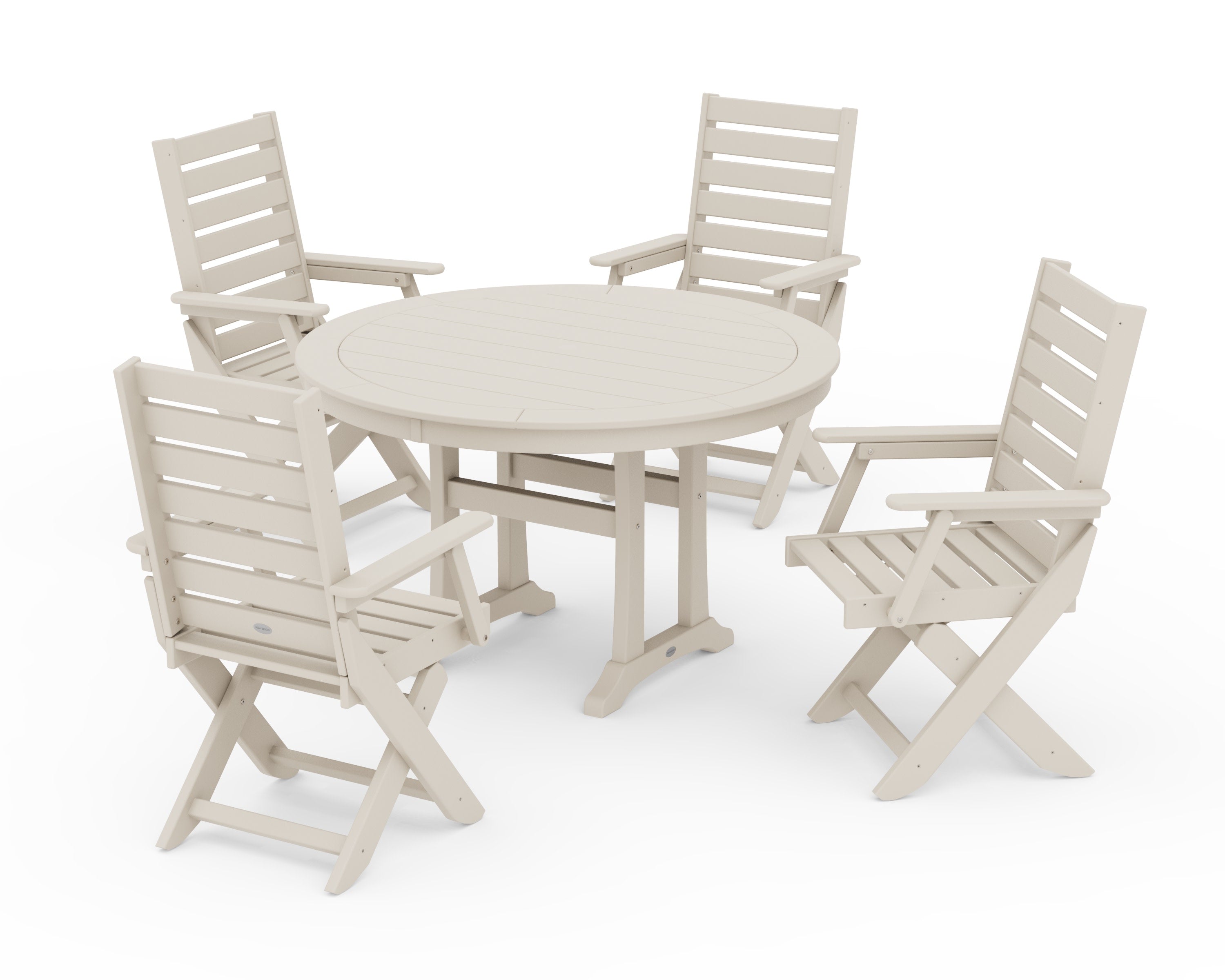 Captain Folding Chair 5-Piece Round Dining Set with Trestle Legs in Sand