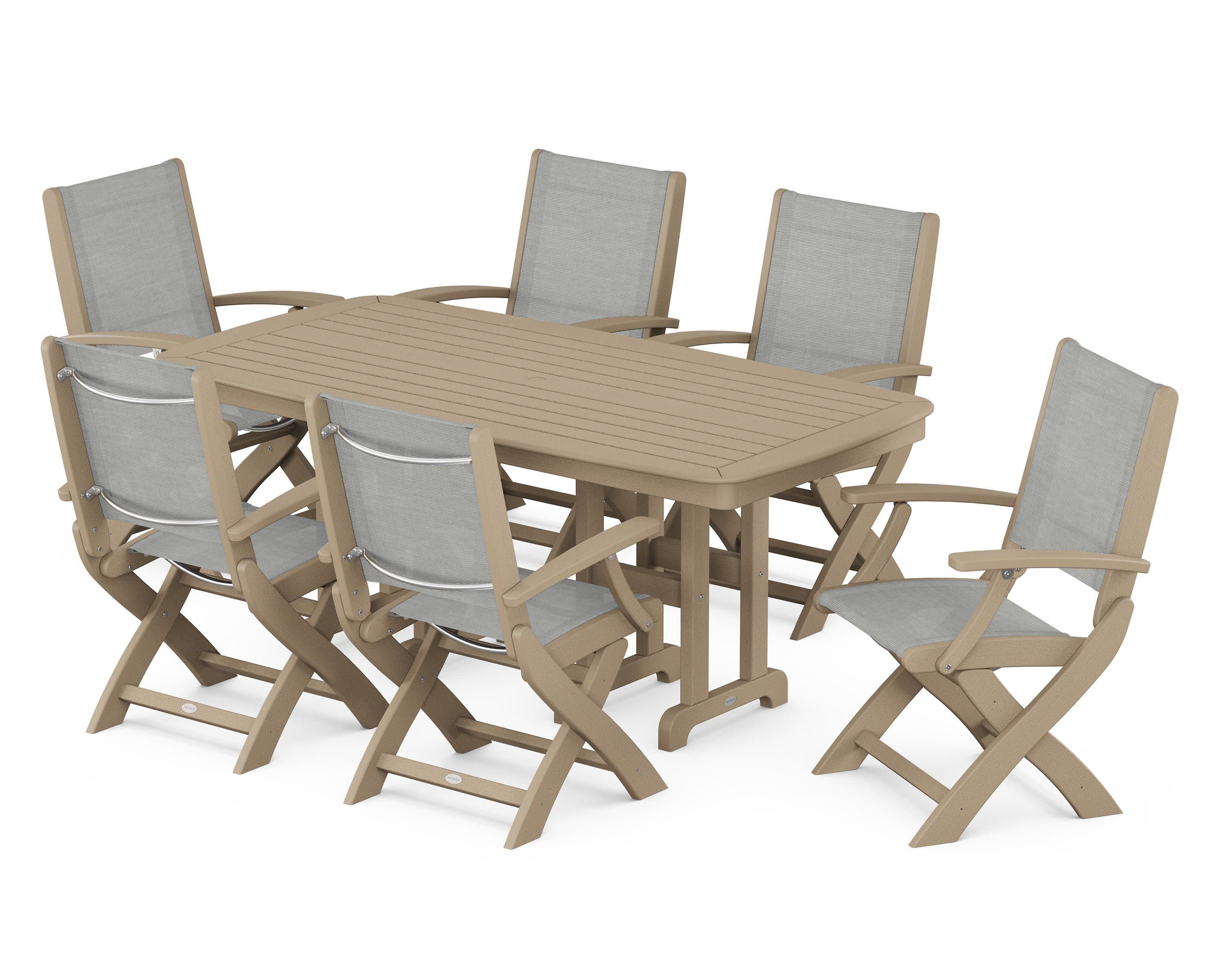 Coastal Folding Arm Chair 7-Piece Dining Set in Vintage Sahara / Metallic Sling