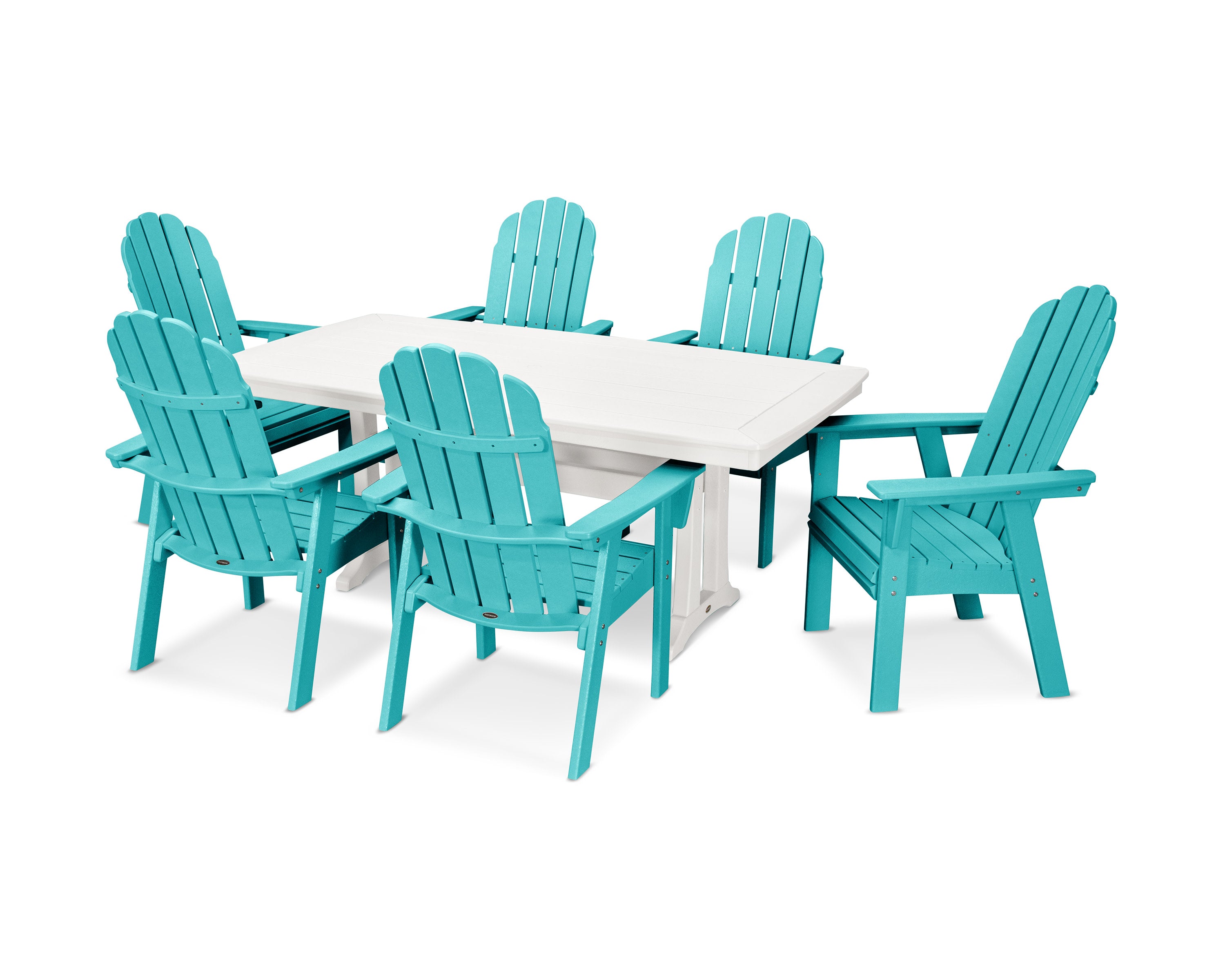 Vineyard Curveback Adirondack 7-Piece Dining Set with Trestle Legs in Aruba / White