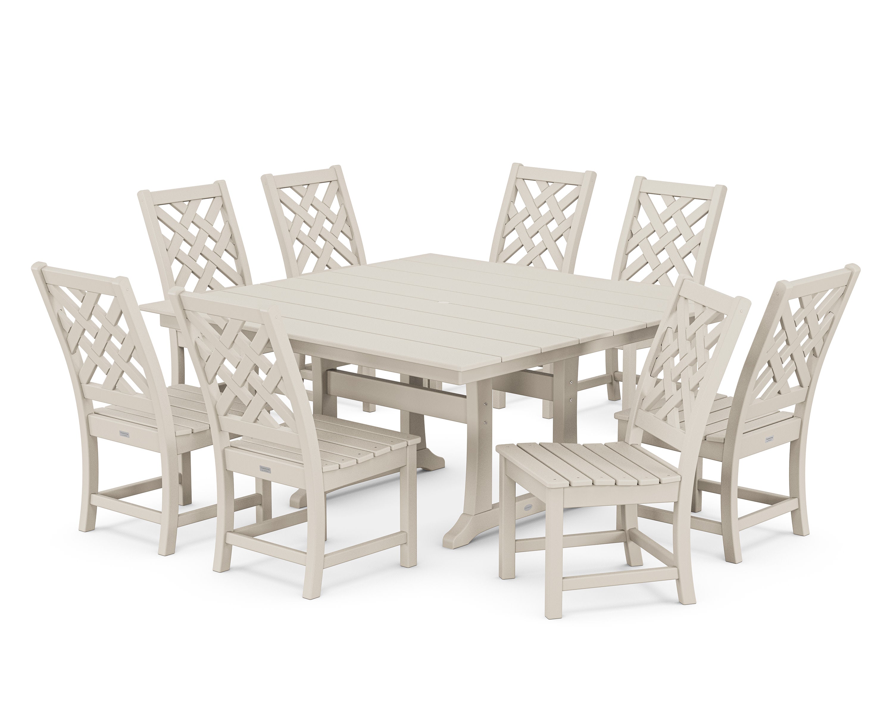 Wovendale Side Chair 9-Piece Square Farmhouse Dining Set with Trestle Legs in Sand