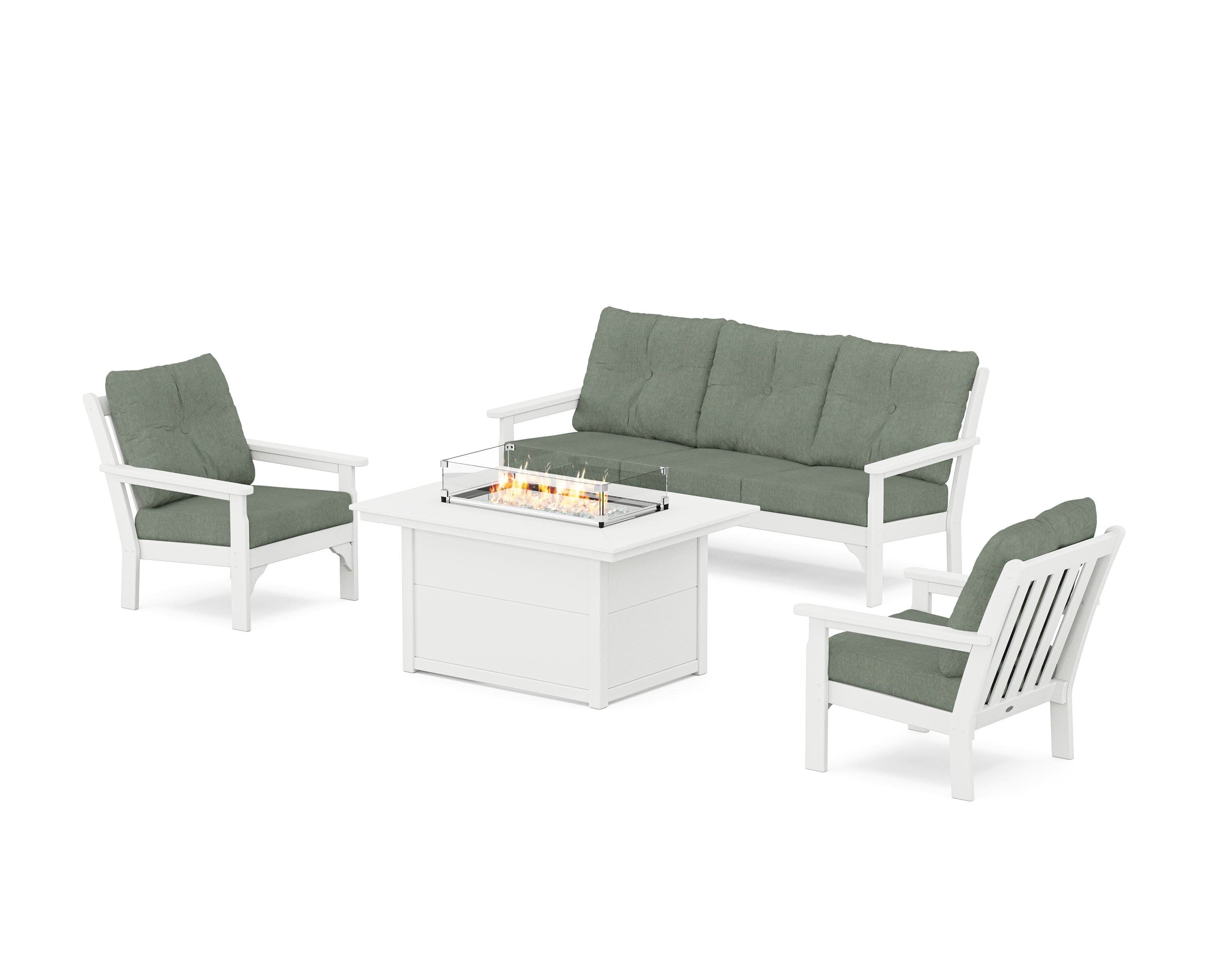Vineyard Deep Seating Fire Pit Table Set in White / Cast Sage