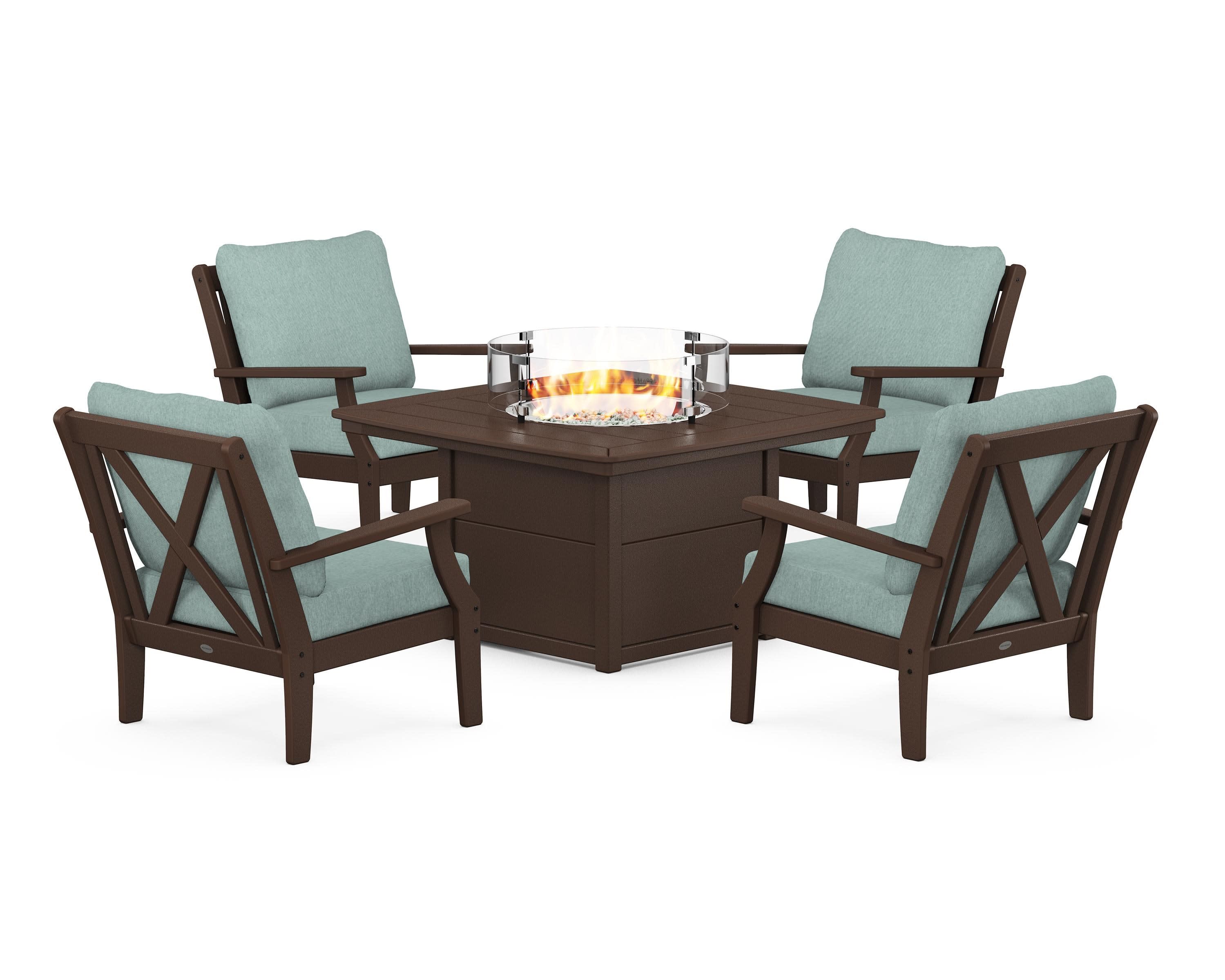 Braxton 5-Piece Deep Seating Conversation Set with Fire Pit Table in Mahogany / Glacier Spa