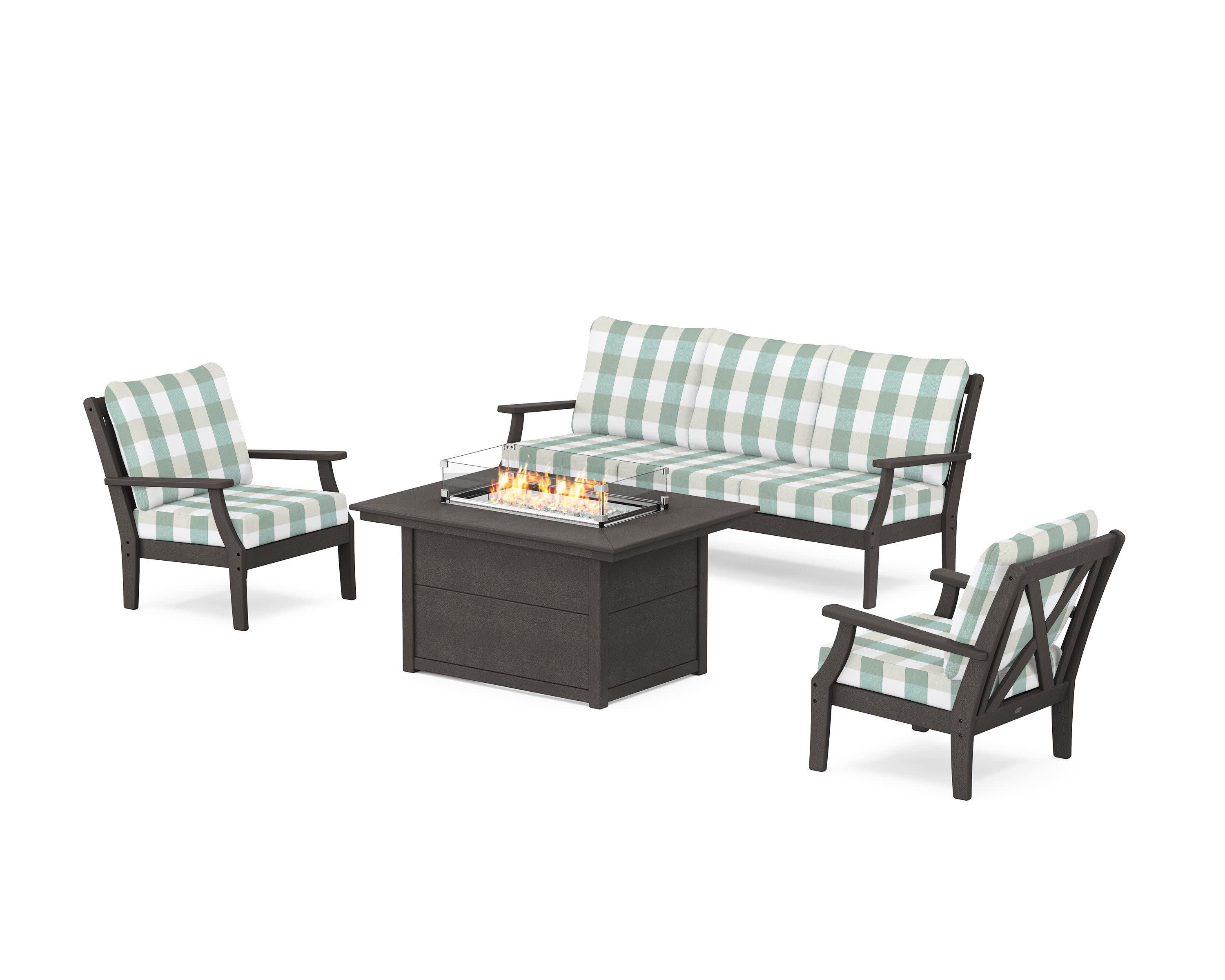 Braxton Deep Seating Fire Pit Table Set in Vintage Coffee / Buffalo Plaid Glacier Spa