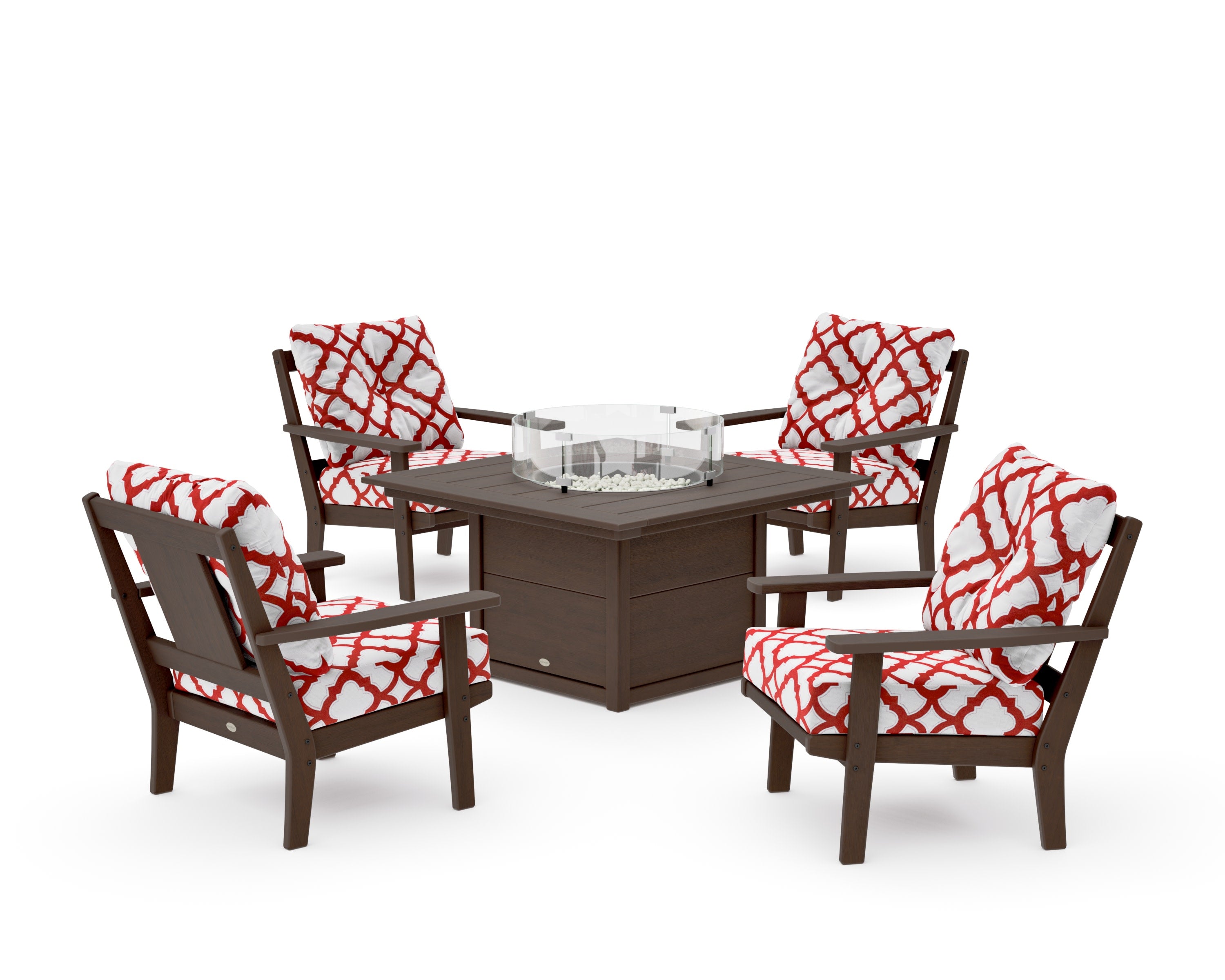 Prairie 5-Piece Deep Seating Set with Fire Pit Table in Kona / Trellis Crimson