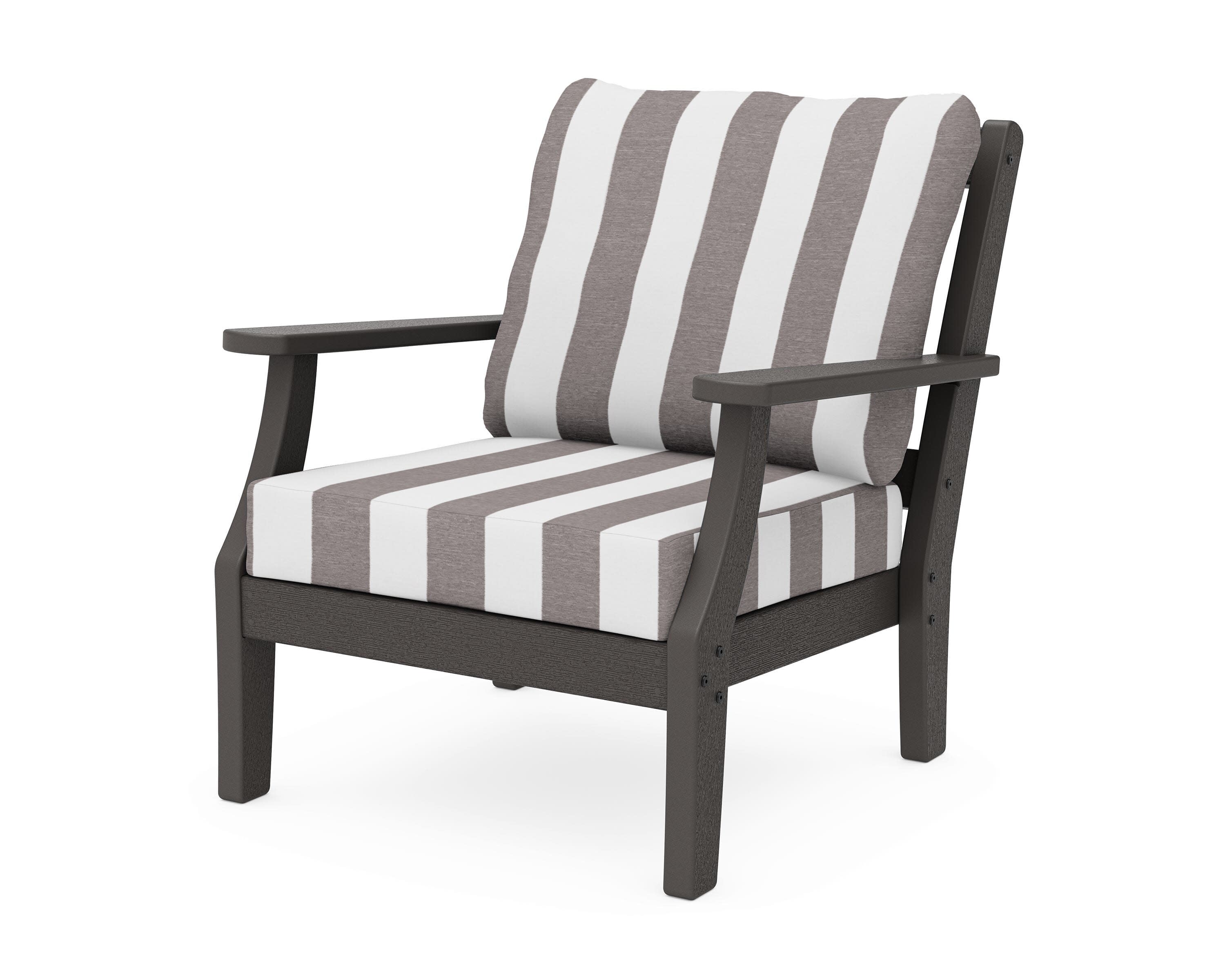 Chinoiserie Deep Seating Chair in Vintage Coffee / Cabana Stripe Grey Mist