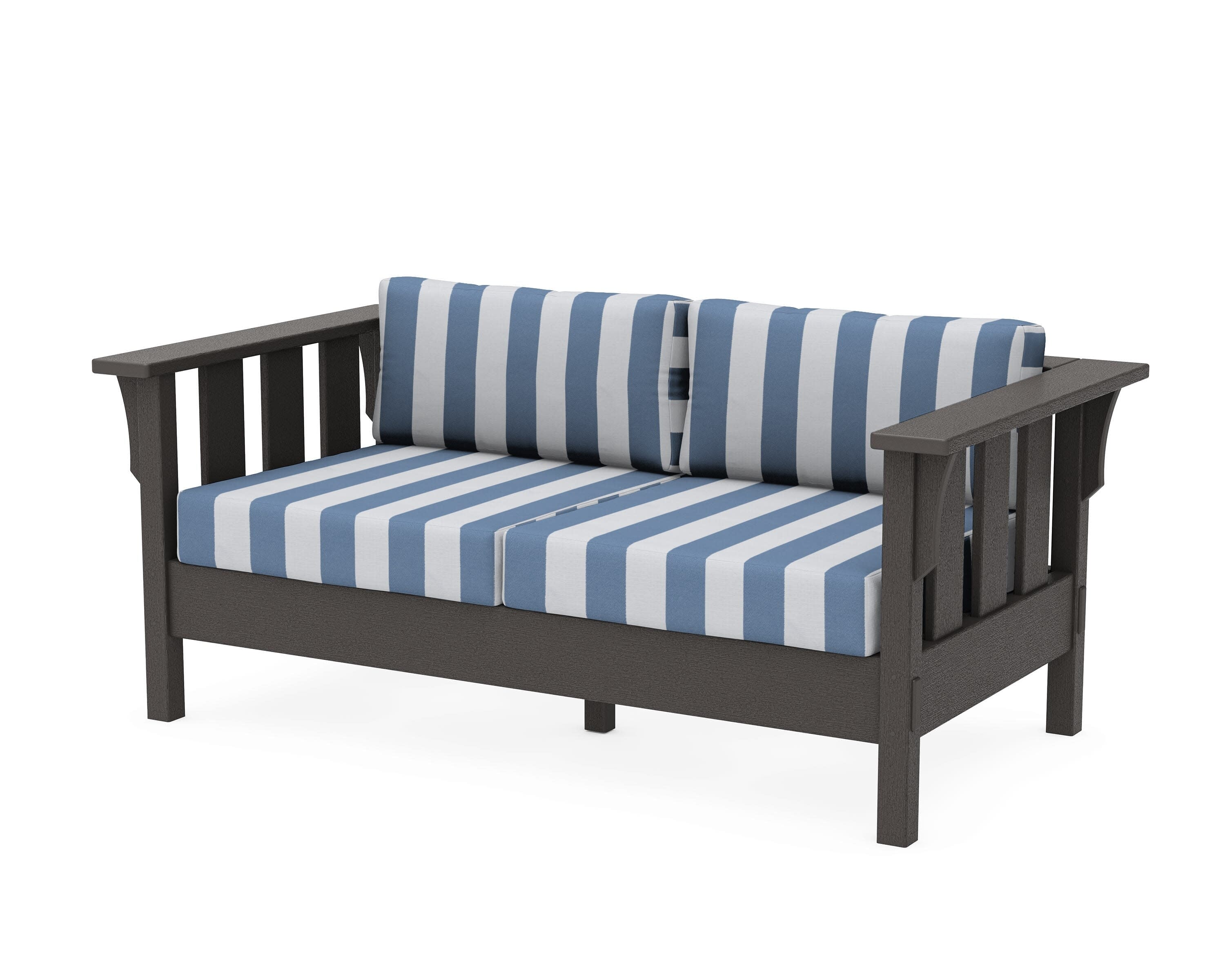 Acadia Deep Seating Loveseat in Vintage Coffee / Cabana Stripe Sky Blue