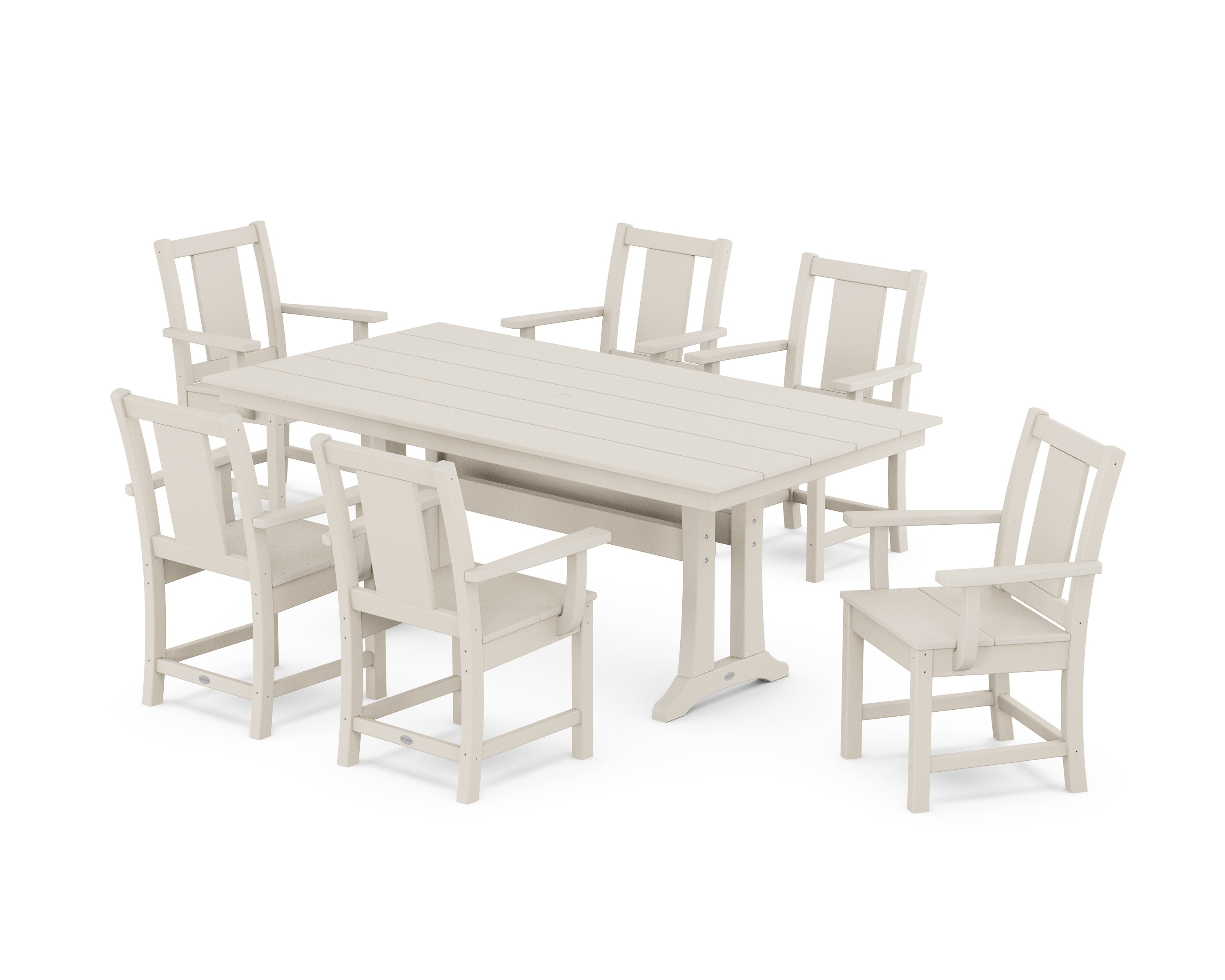 Prairie Arm Chair 7-Piece Farmhouse Dining Set with Trestle Legs in Sand